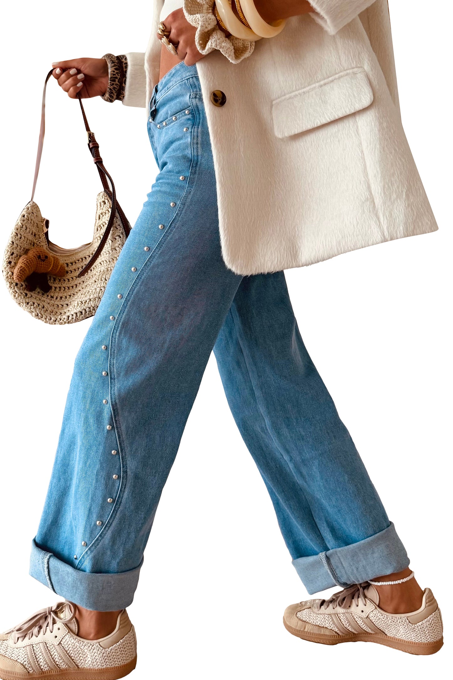 Dusk Blue Side Seam Rivet Detail Regular Fit Ankle Length Casual Jeans