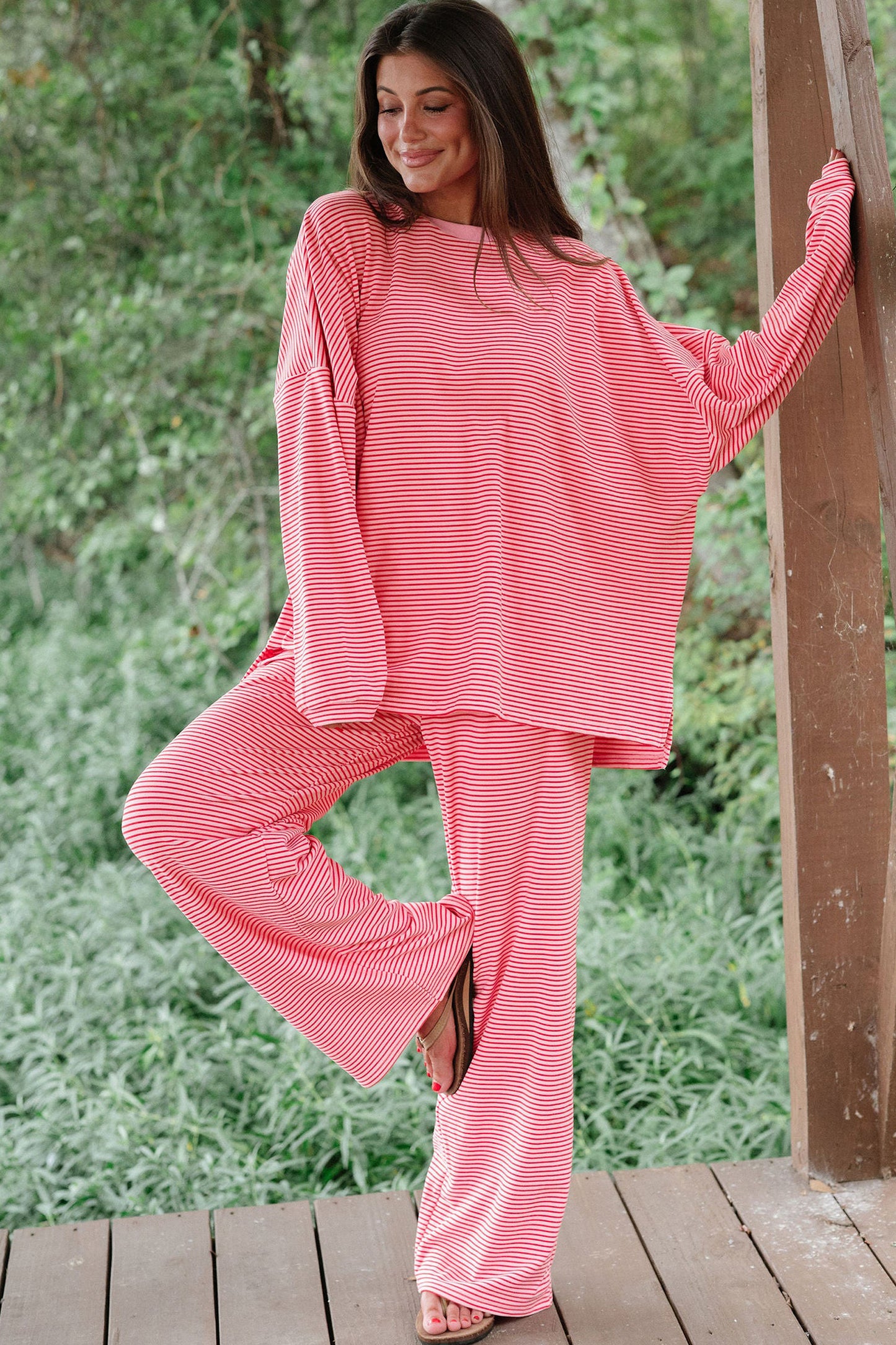 Pink Stripe Striped Drop Shoulder Long Sleeve Pant Set