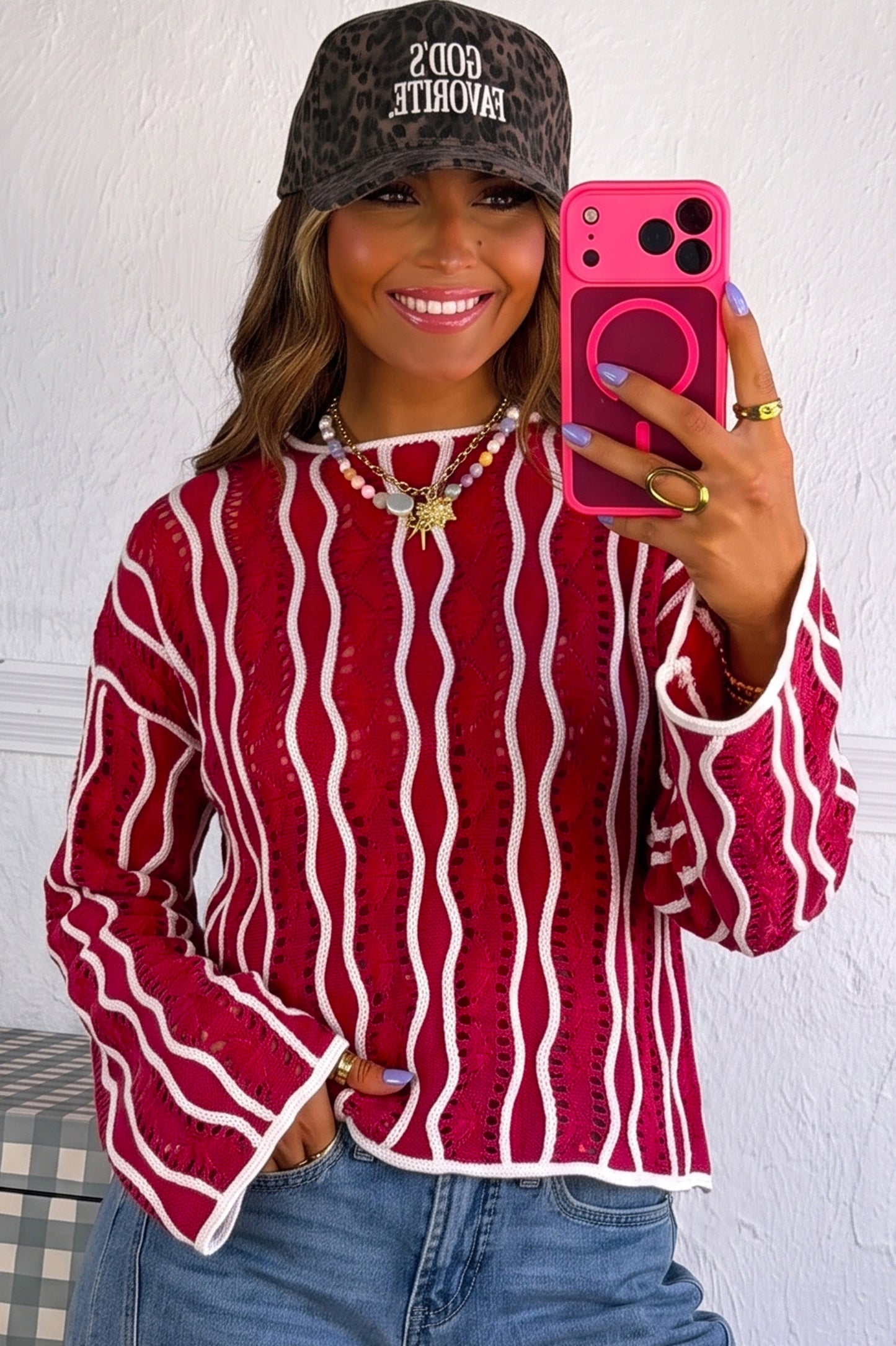 Khaki Wavy Detail Hollow Out Knit Long Sleeve Cotton Pullover Sweater