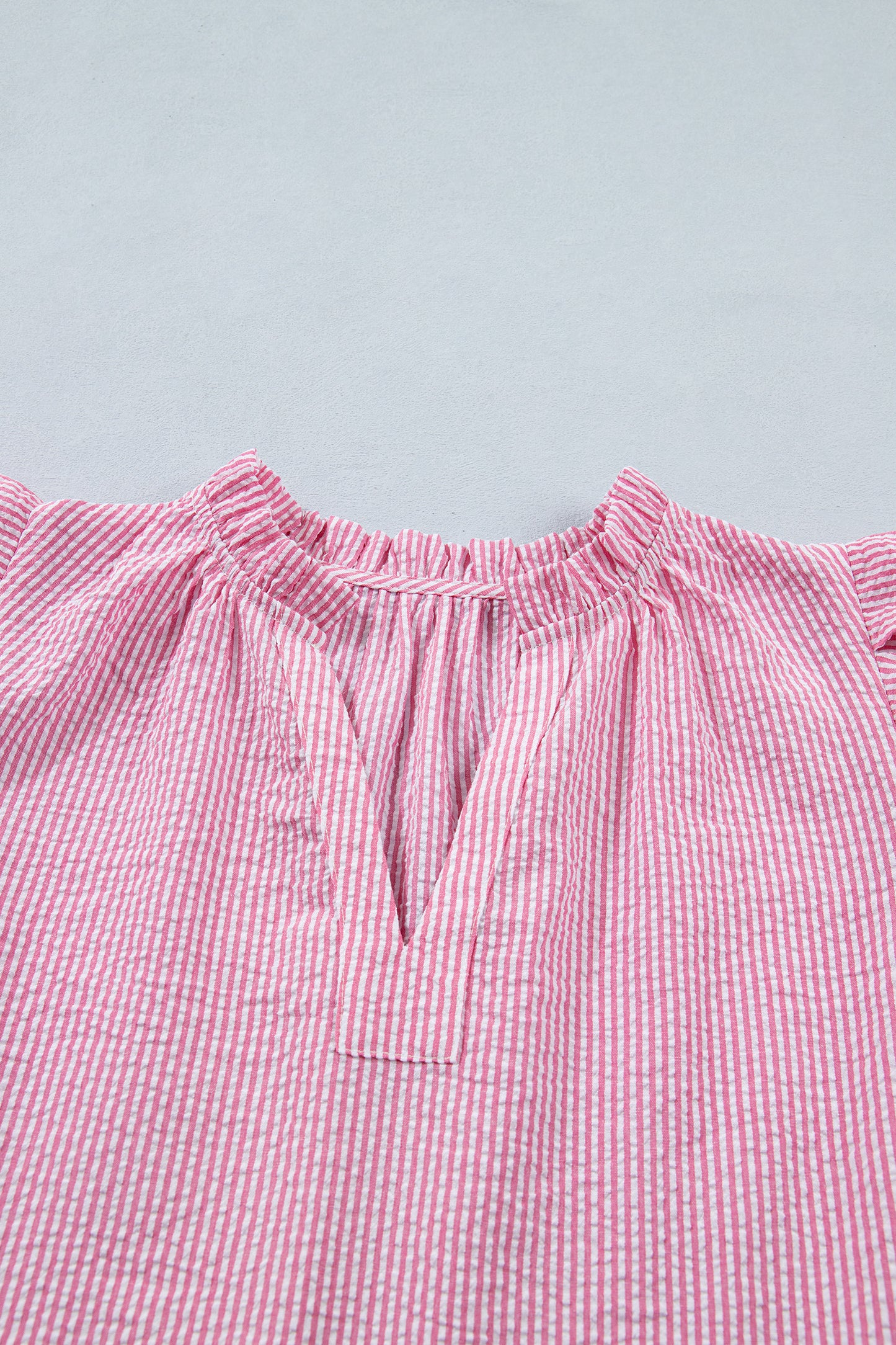 Rose Stripe Short Bubble Sleeve Split V Neck Blouse