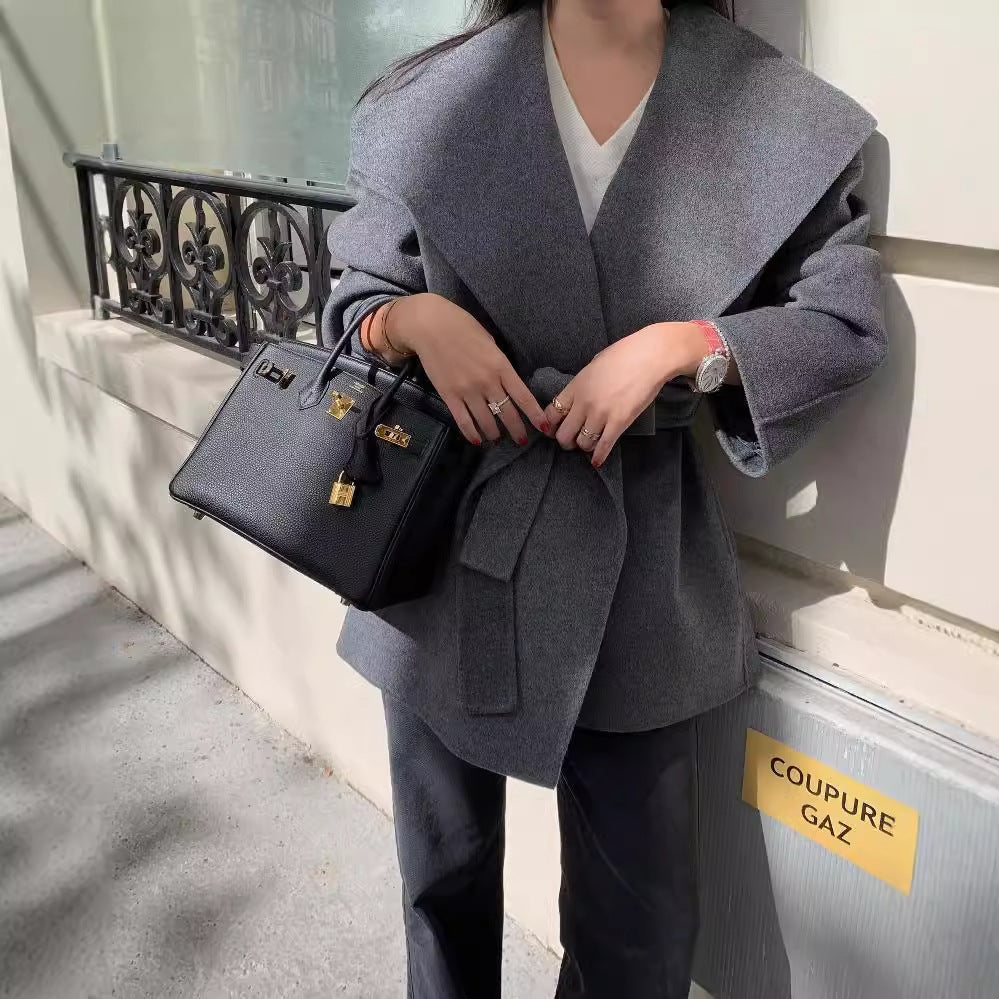 elegant large lapel tie, waist-cinching woolen coat for women