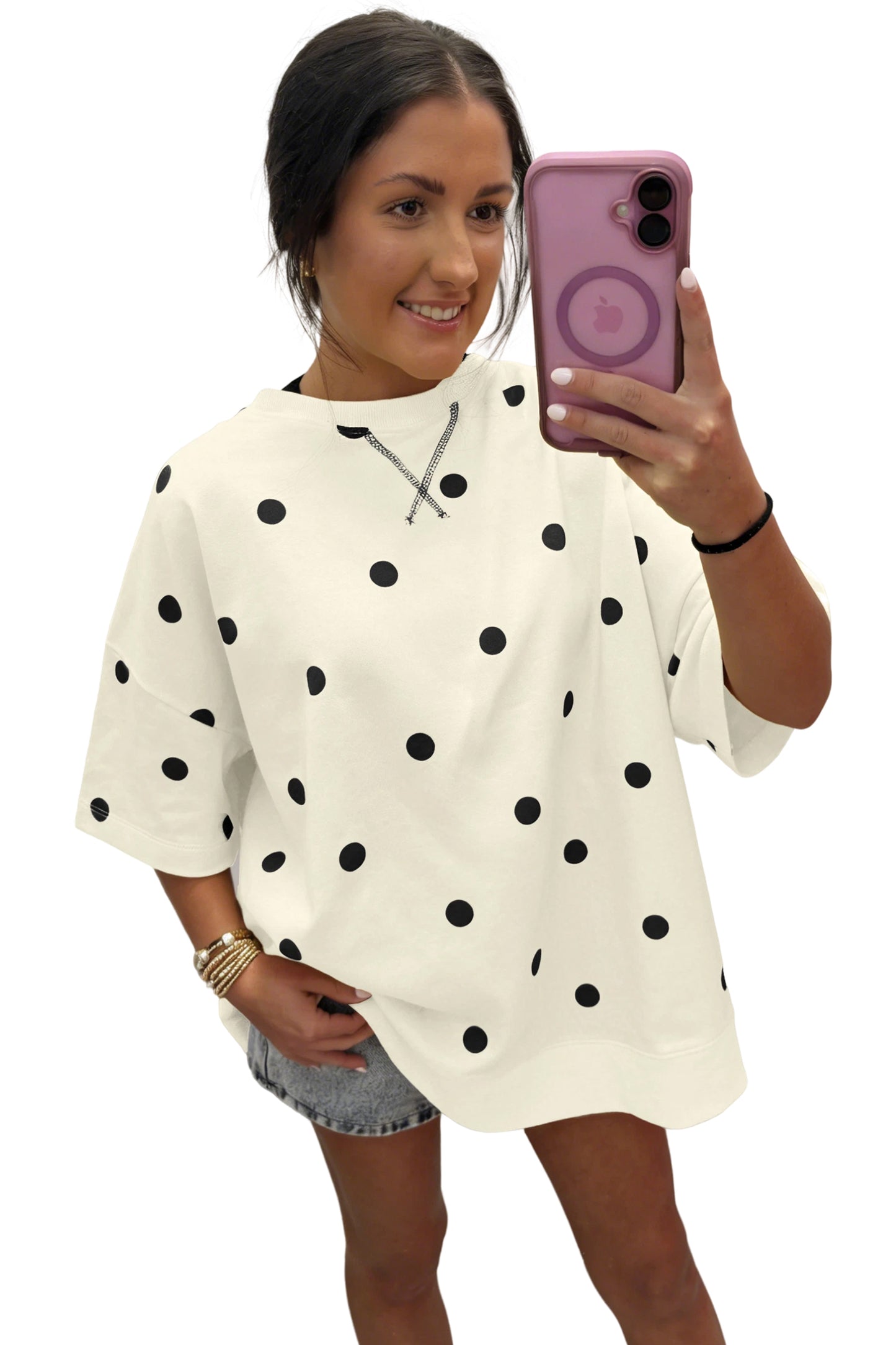Beige Polka Dot Print Crossed Seam Detail Oversize Tee