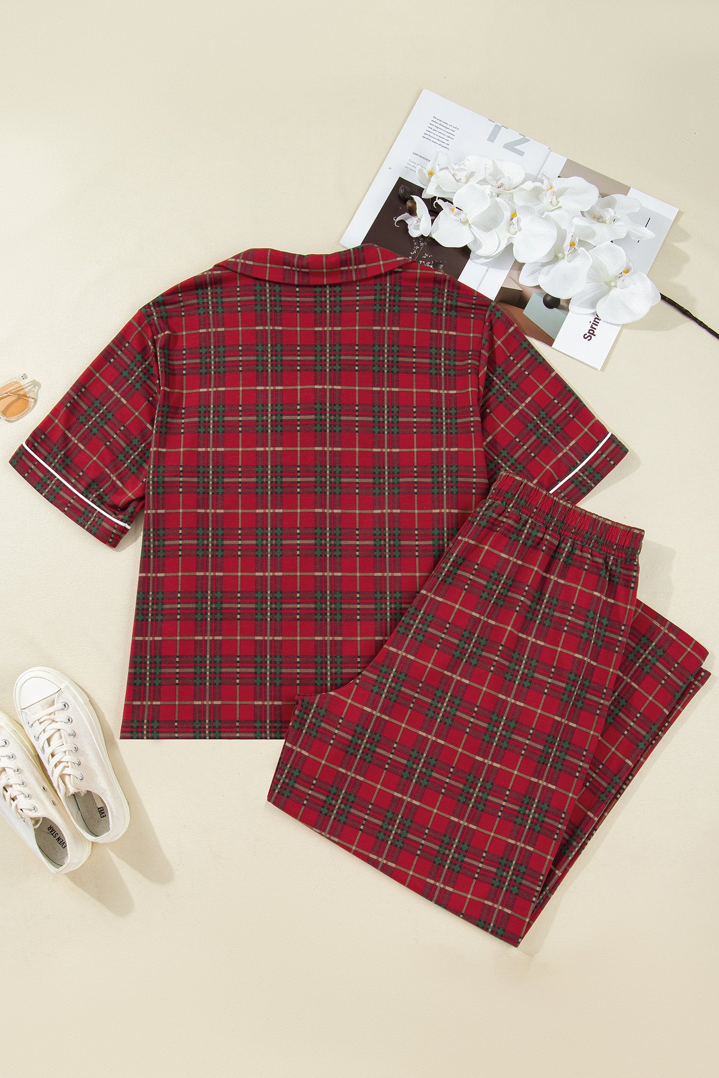 Red Plus Size Plaid Short Sleeve Shirt Loose Pants 2pcs Pajama Set
