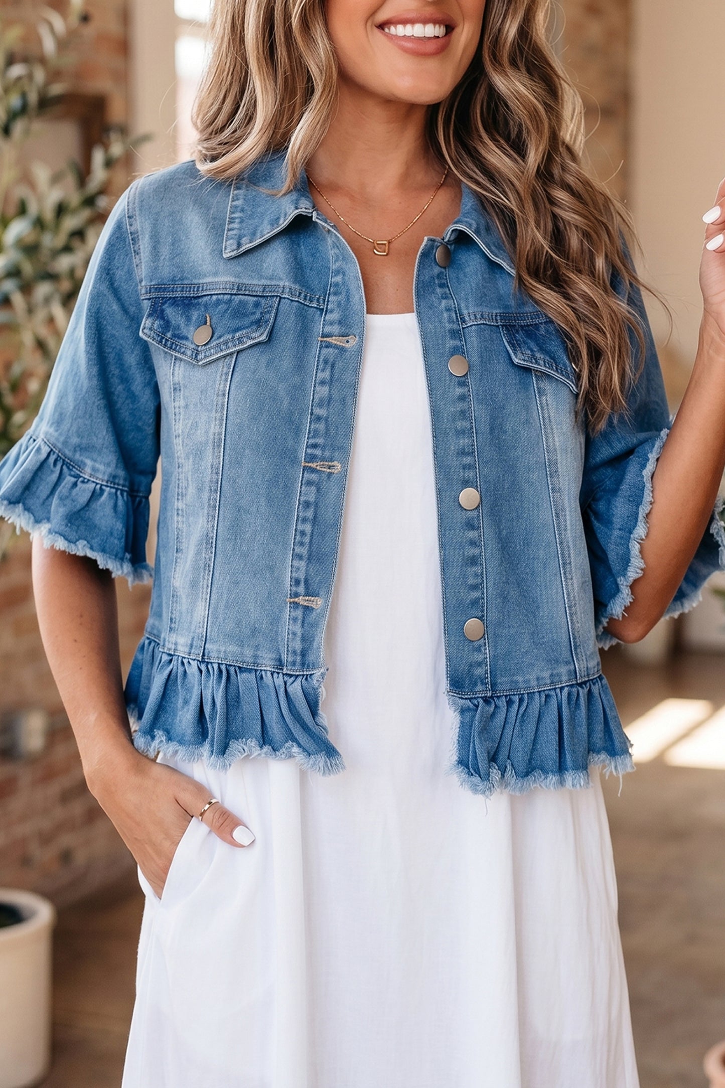Blue Ruffle Hem Denim Jacket Half Sleeve Western Style