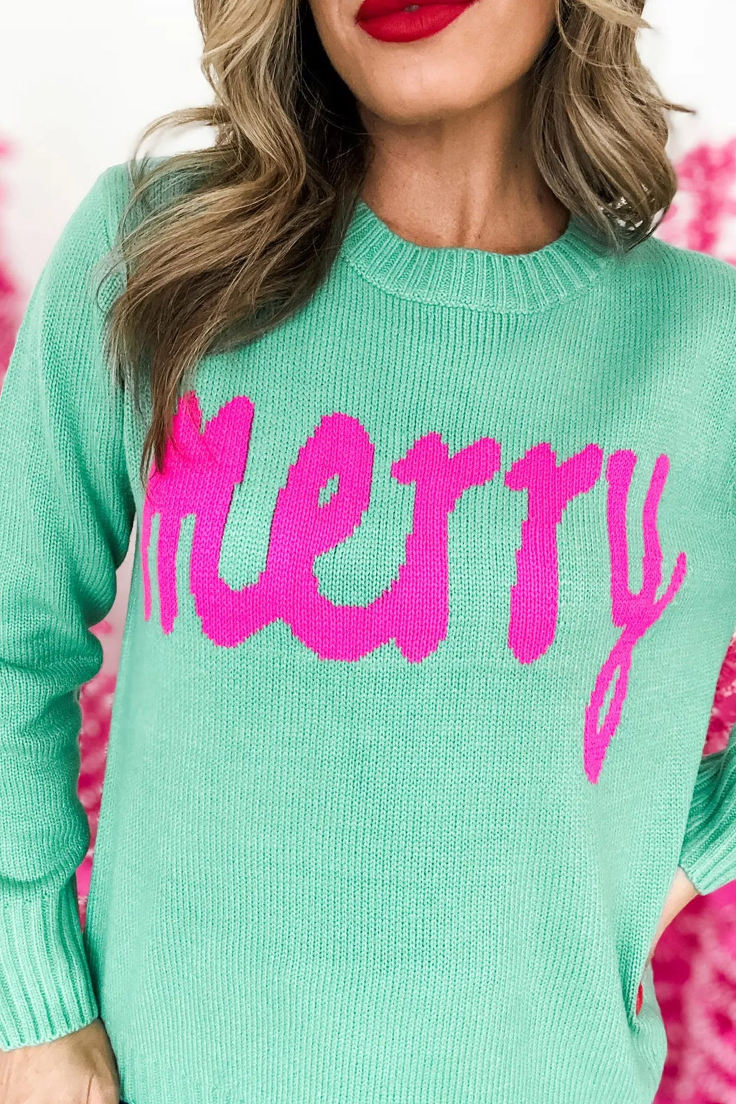 Bright Green Merry Print Ribbed Trim Round Neck Loose Fit Sweater