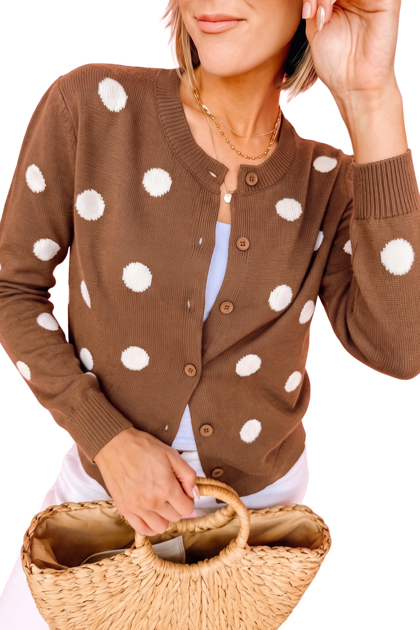 Yellow Cream Casual Polka Dot Button Front Long Sleeve Sweater Cardigan