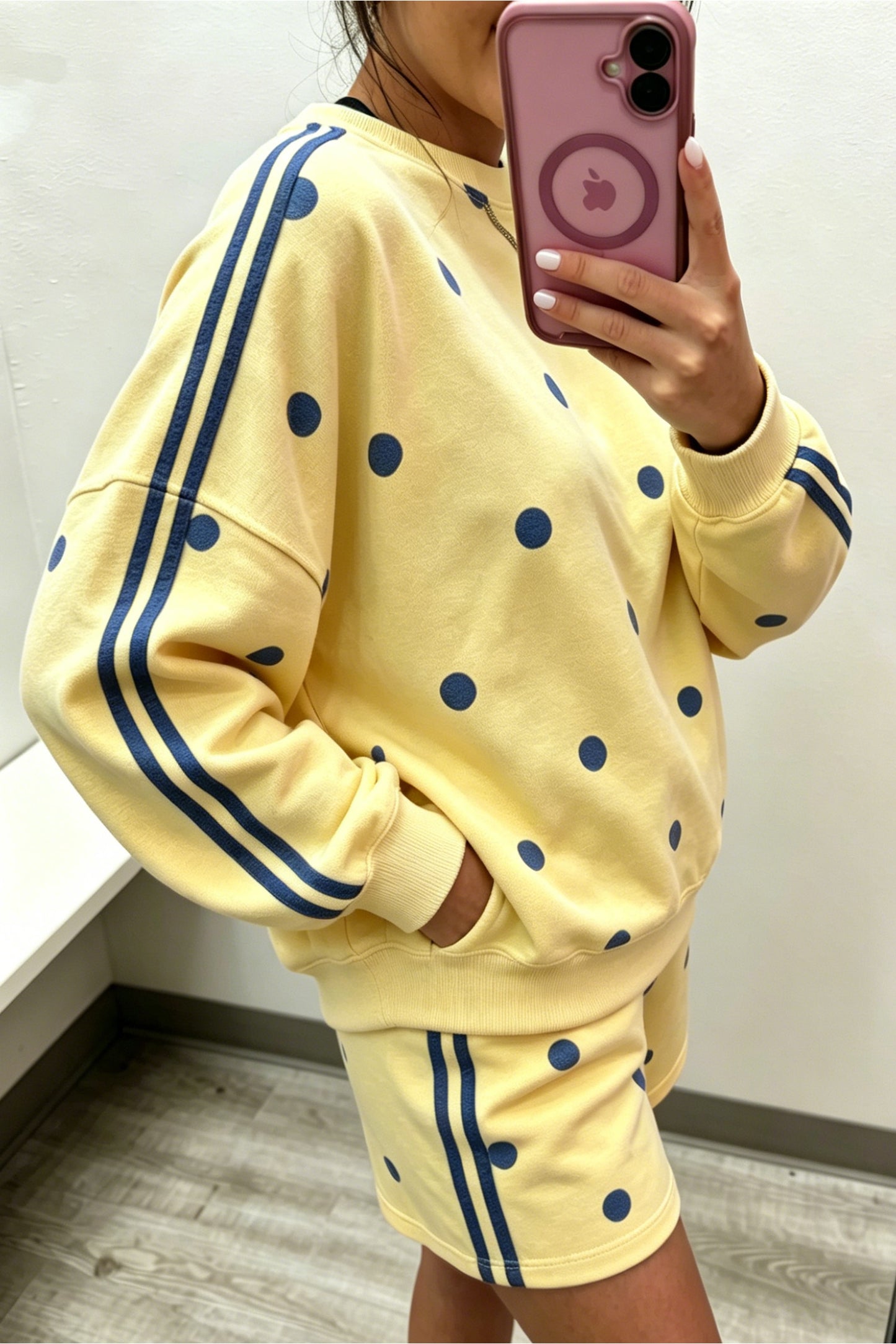 Gray Polka Dot Print Varsity Striped Detail Long Sleeve Top Short Set