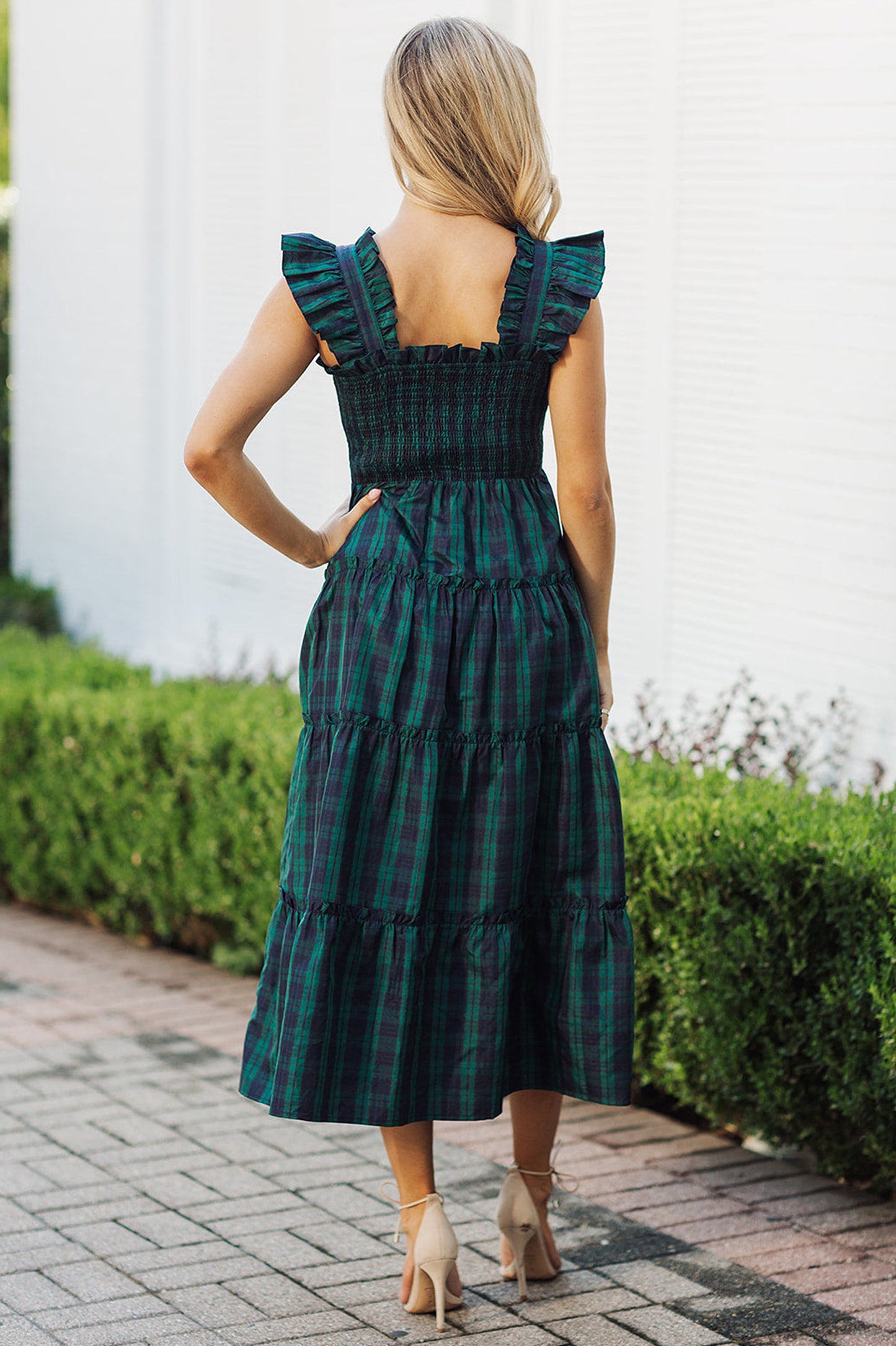Green Sleeveless Square Neck Plaid Midi Dress with Ruffles and Shirred Bodice