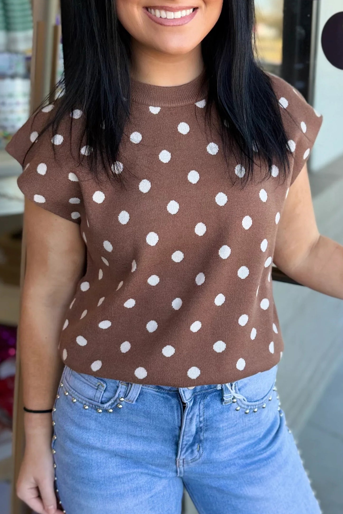 Brown Polka Dot Short Sleeve Round Neck Casual Shift Sweater