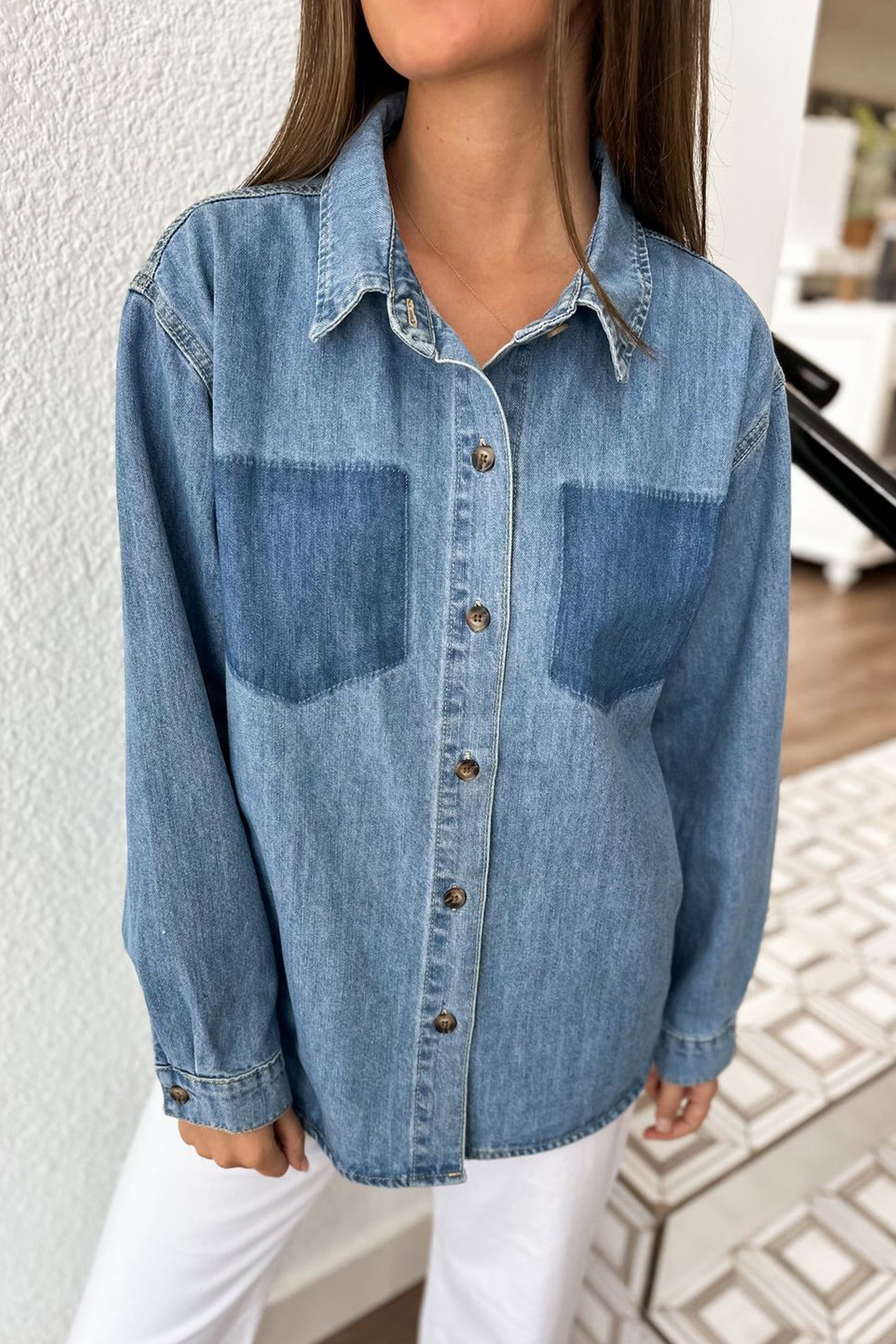 Sky Blue Oversized Denim Shirt Enzyme Washed Pocket Detail Long Sleeve Tunic Top