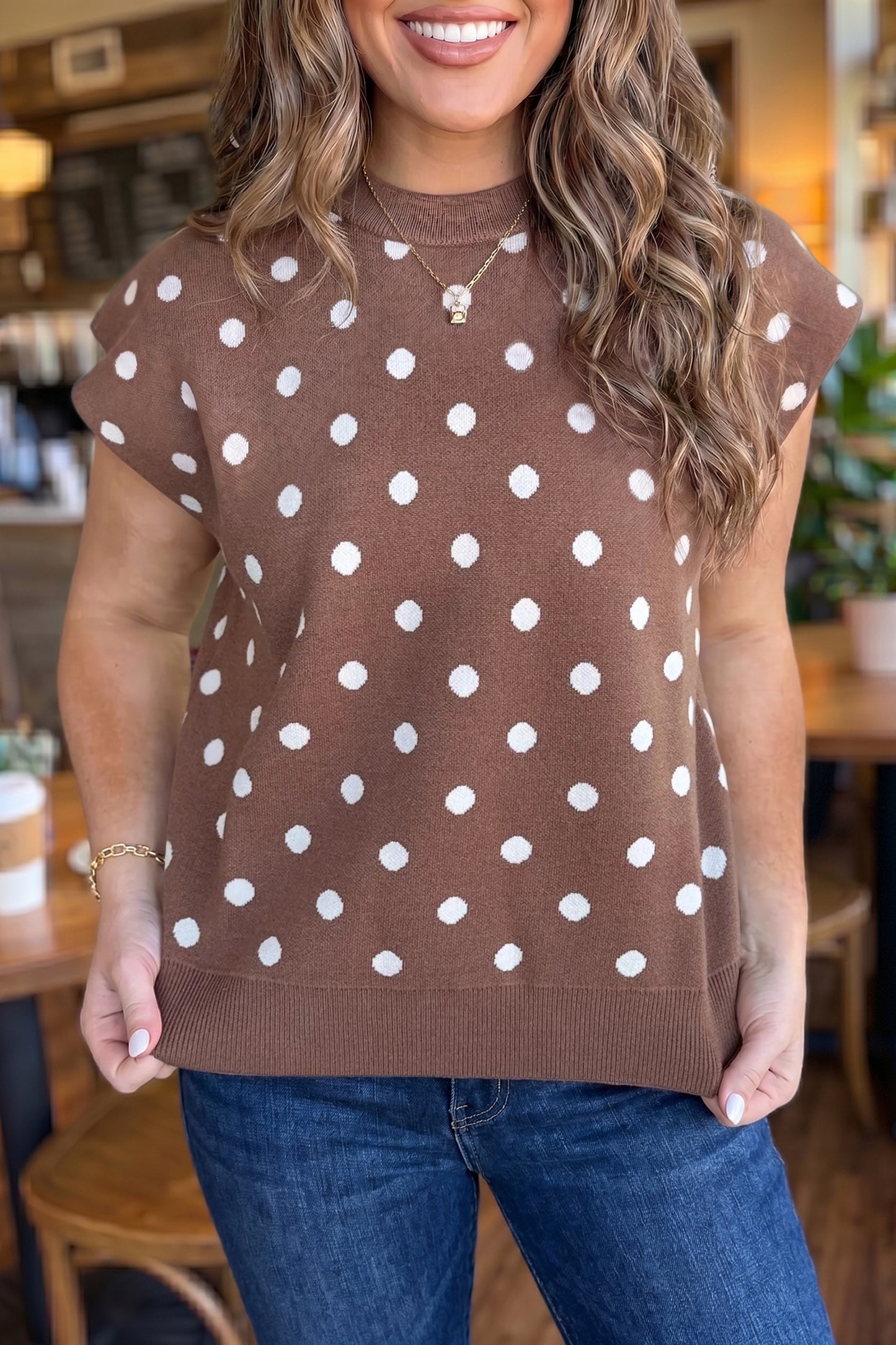 Brown Polka Dot Short Sleeve Round Neck Casual Shift Sweater