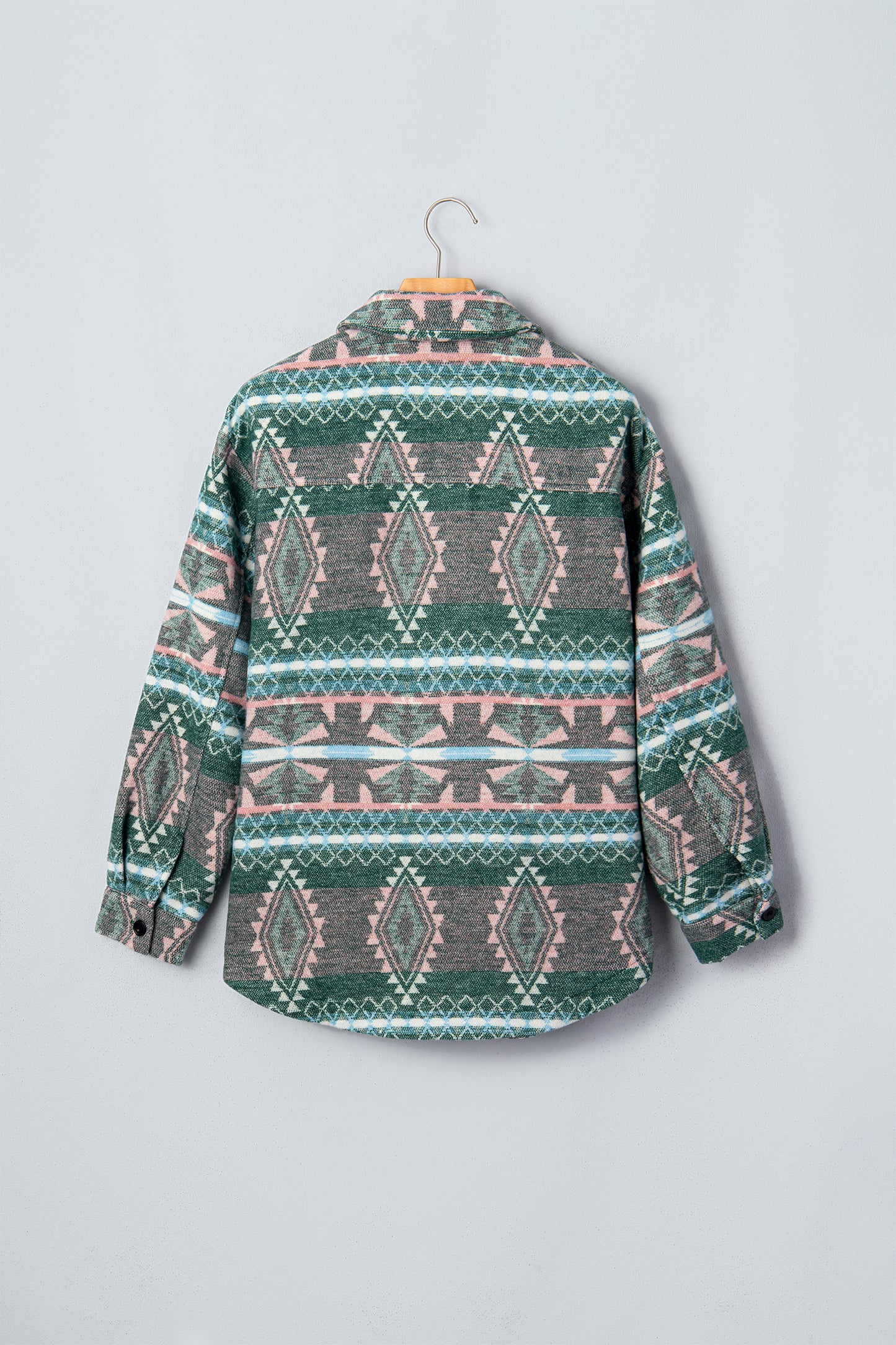 Green Geometric Print Button Front Long Sleeve Shacket