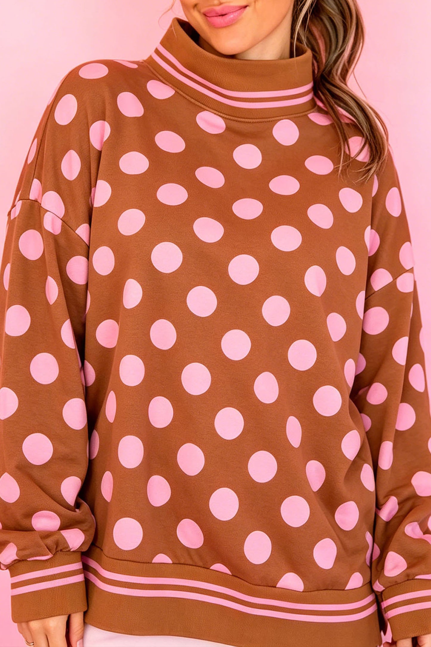 Pink Polka Dot Striped Trim Mock Neck Sweatshirt