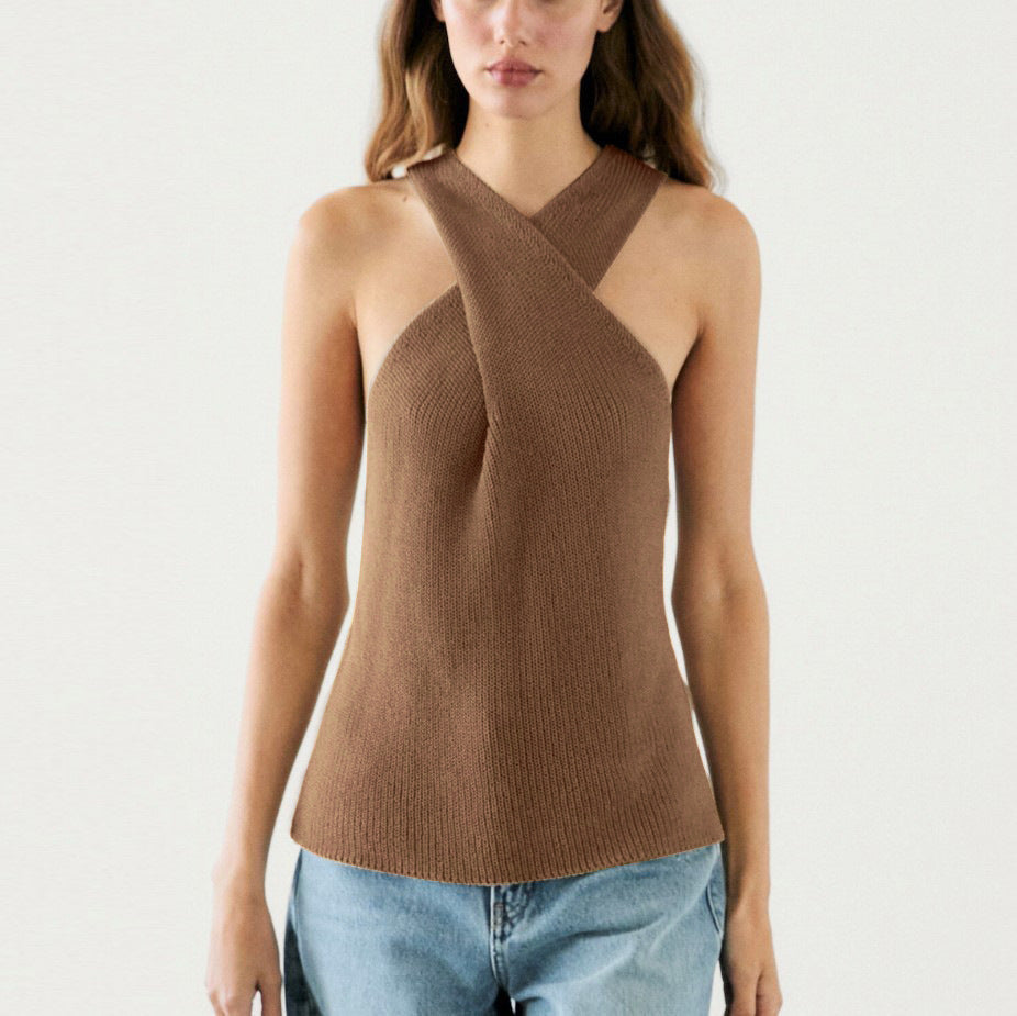 Elegant cross-neck halter, sleeveless knitted sweater tank top