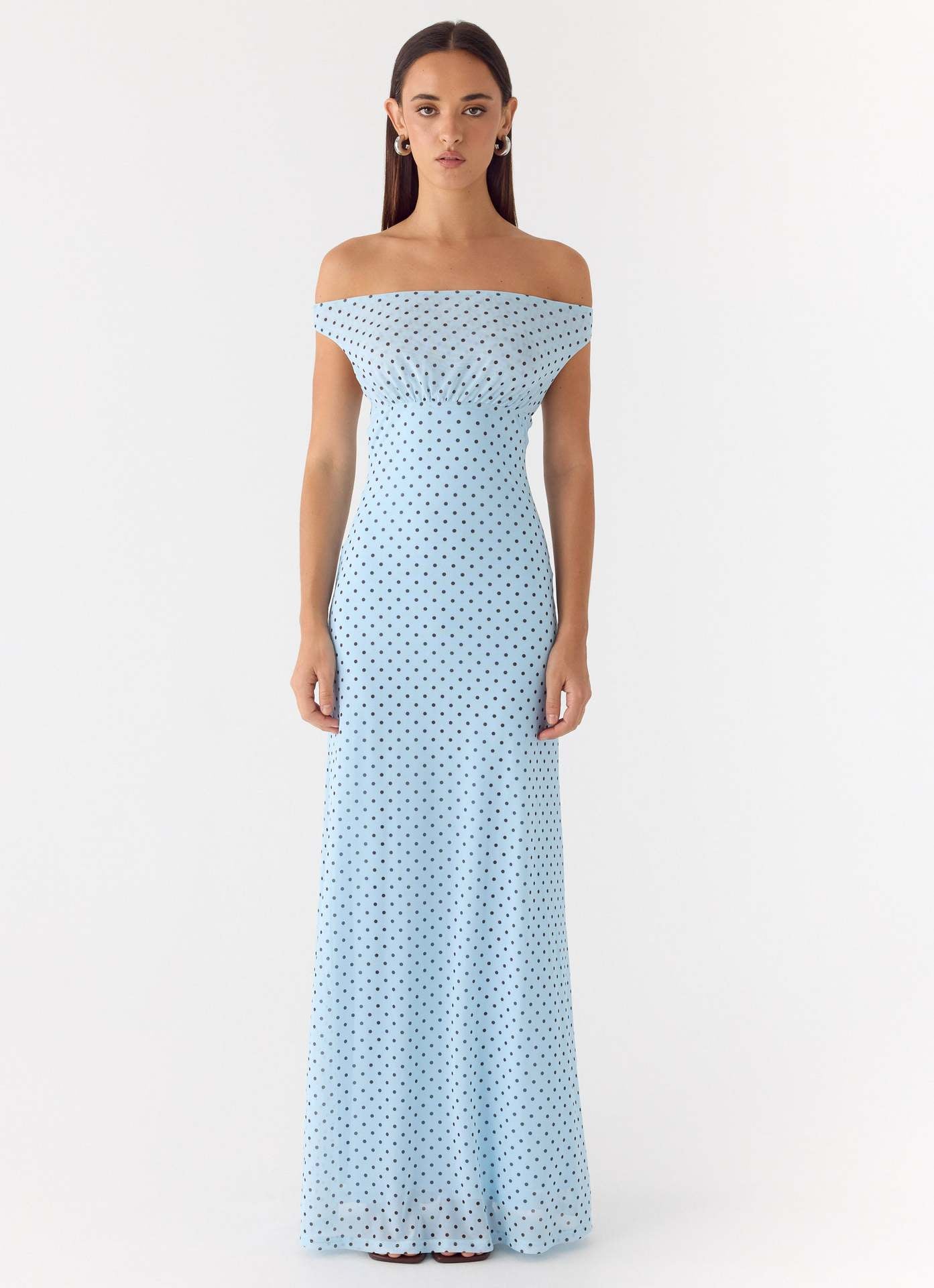 Elegant polka dot off the shoulder gown