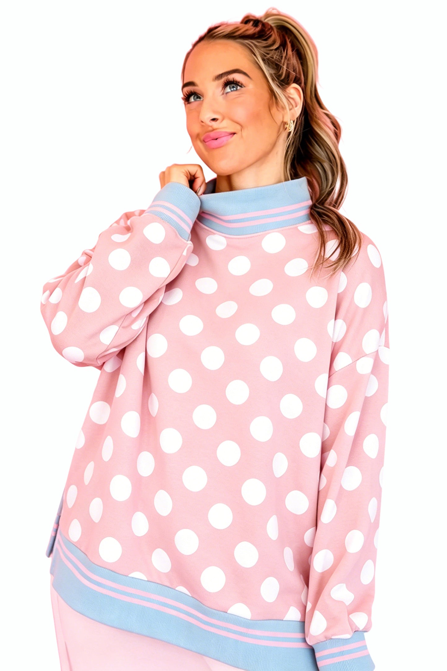 Pink Polka Dot Striped Trim Mock Neck Sweatshirt