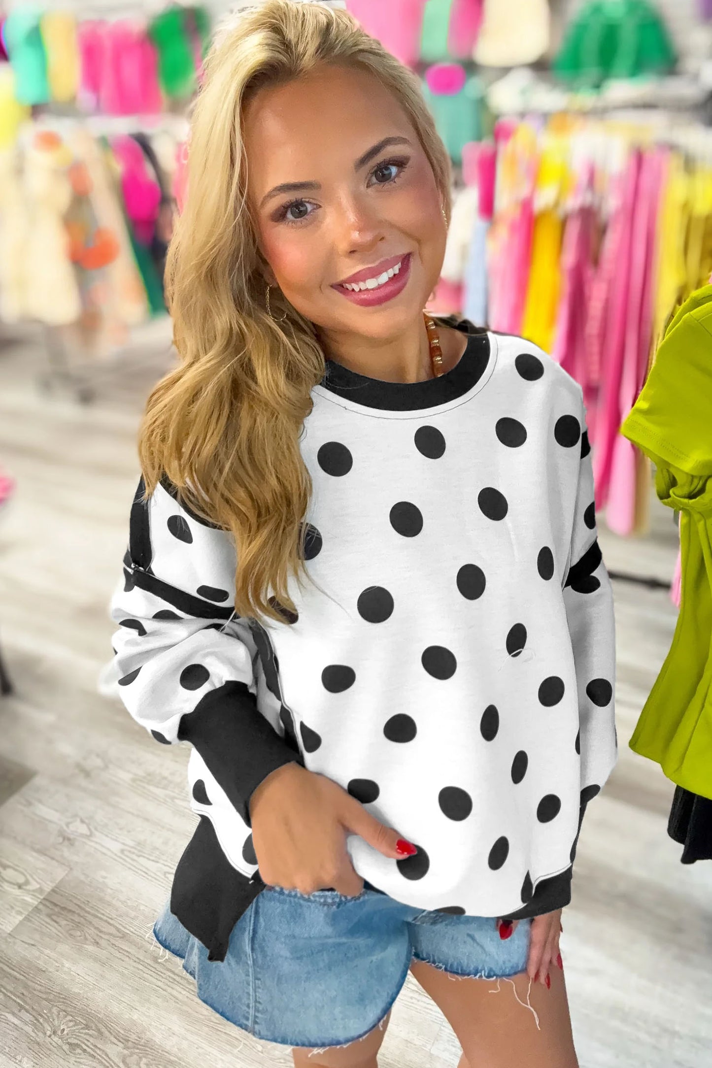 Blue Polka Dot Contrast Patchwork Round Neck Baggy Sweatshirt