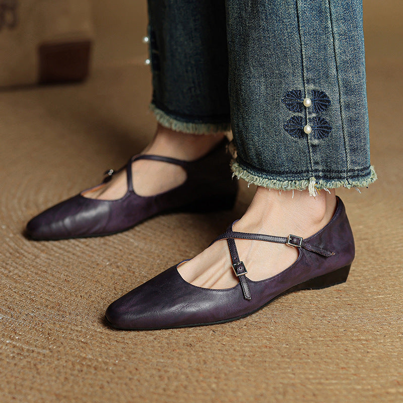 Amelier Women's Leather Ballet Flats Cross-Strap Almond Toe