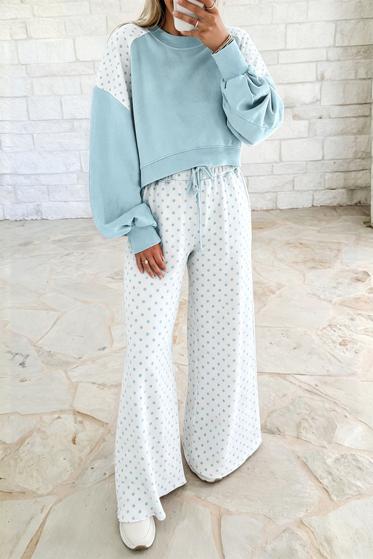 Green Polka Dot Patchwork Colorblock Long Sleeve Casual Two Piece Pants Set