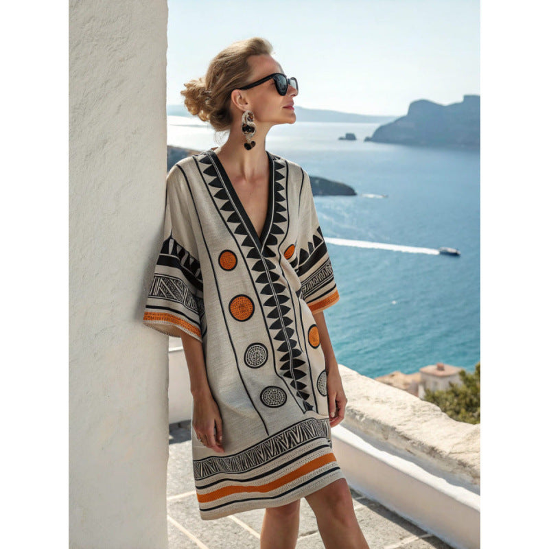 V-neck Bohemian printed loose beach dress caftan