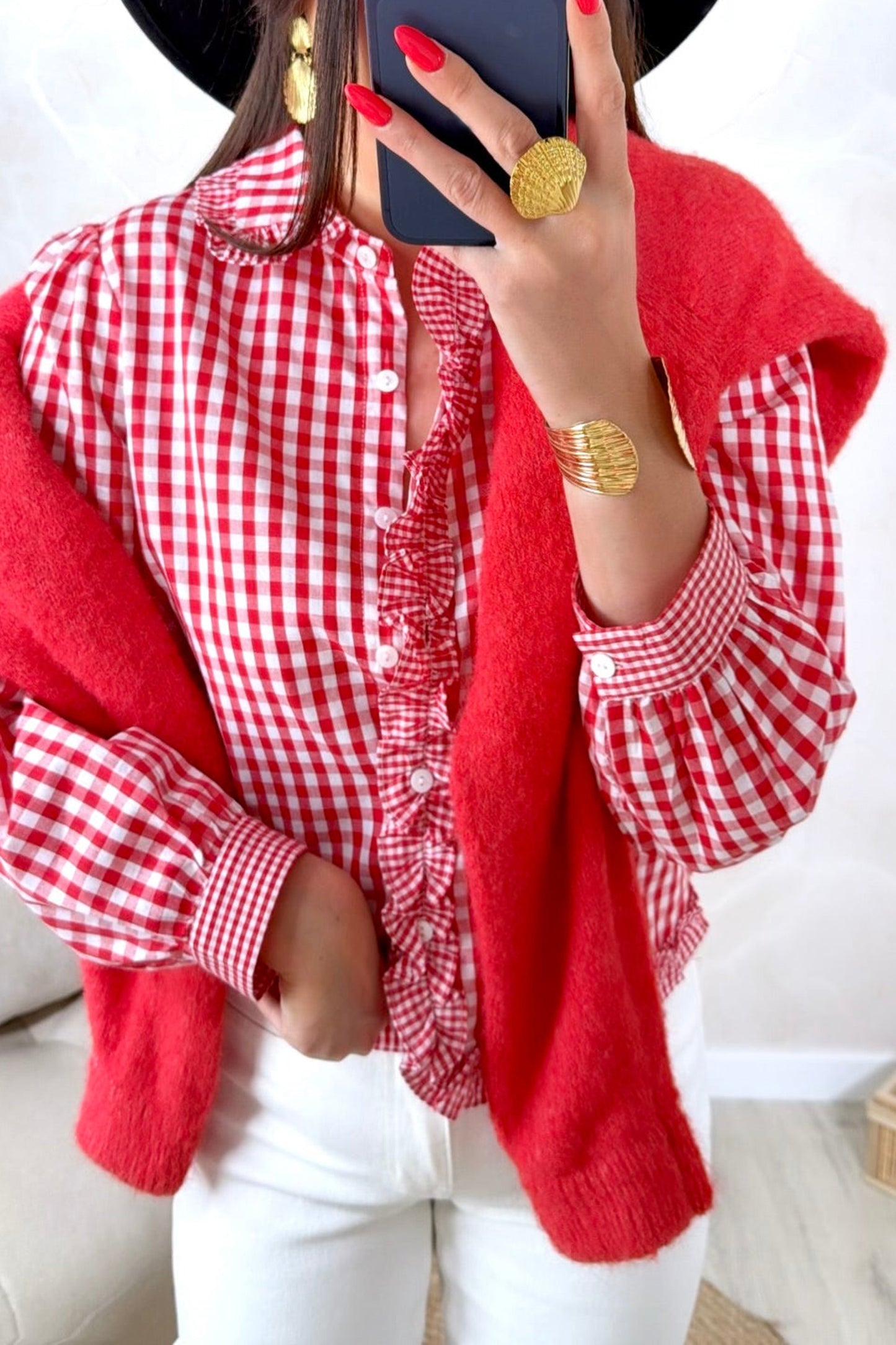 Red Plaid Frill Collar Long Sleeve Casual Shift Shirt