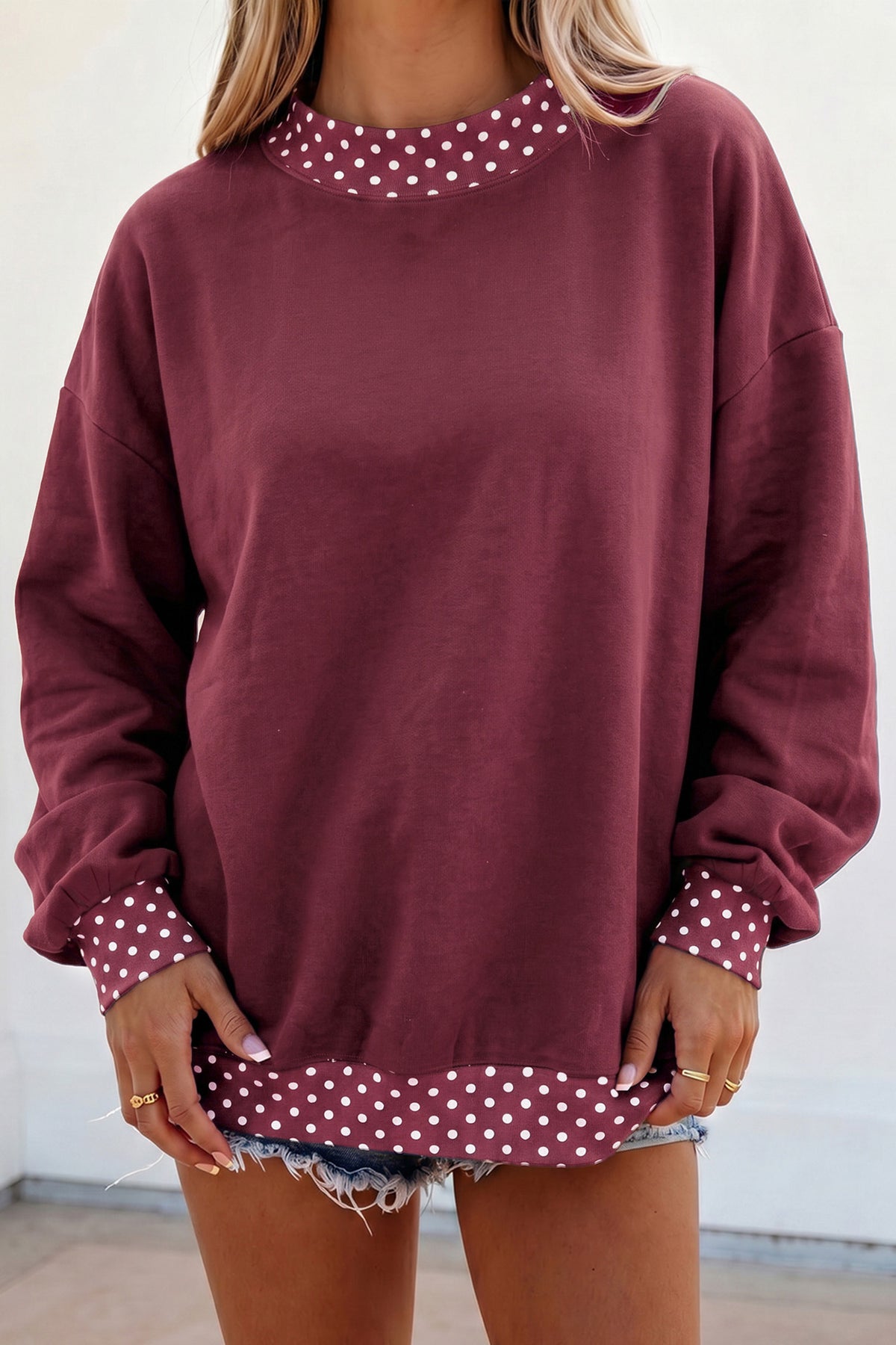 Tillandsia Purple Colorblock Polka Dot Contrast Trim Oversized Sweatshirt
