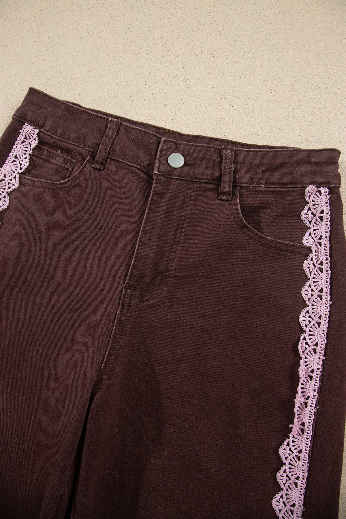 Coffee Lace Trim Casual Full-Length Regular Fit Jeans