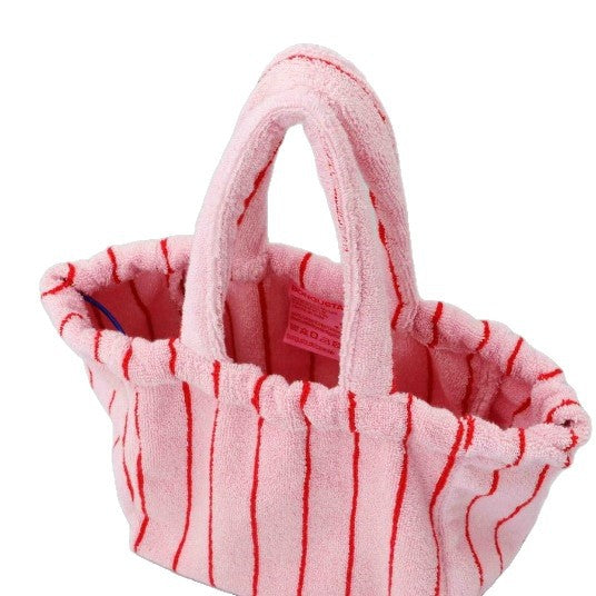 A multi-color striped terry cloth bag with drawstring