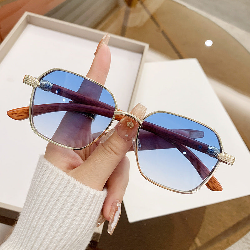wood-grain side polygonal sunglasses