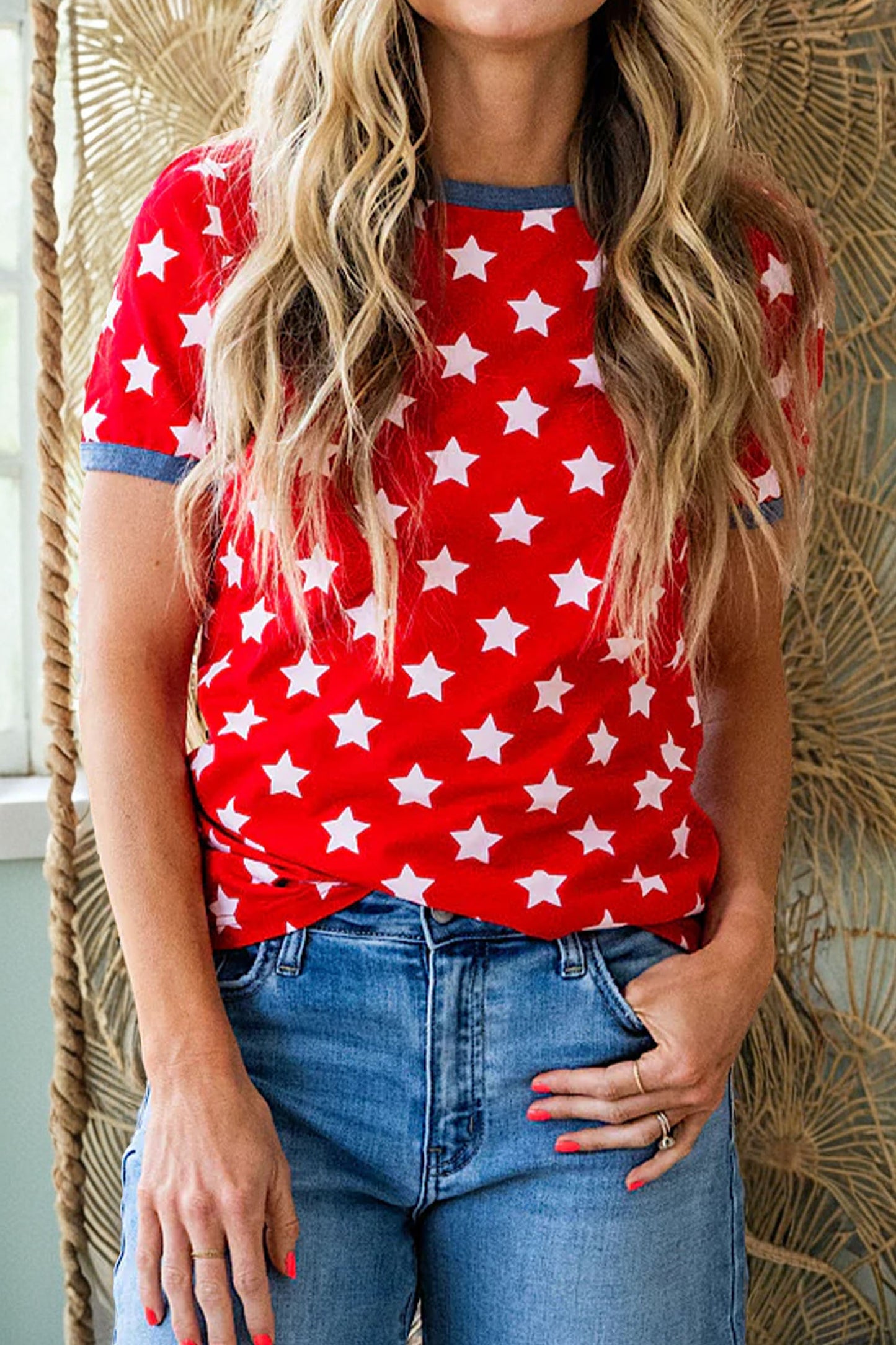 Red Patriotic Star Print Contrast Round Neck Cuffed Tee