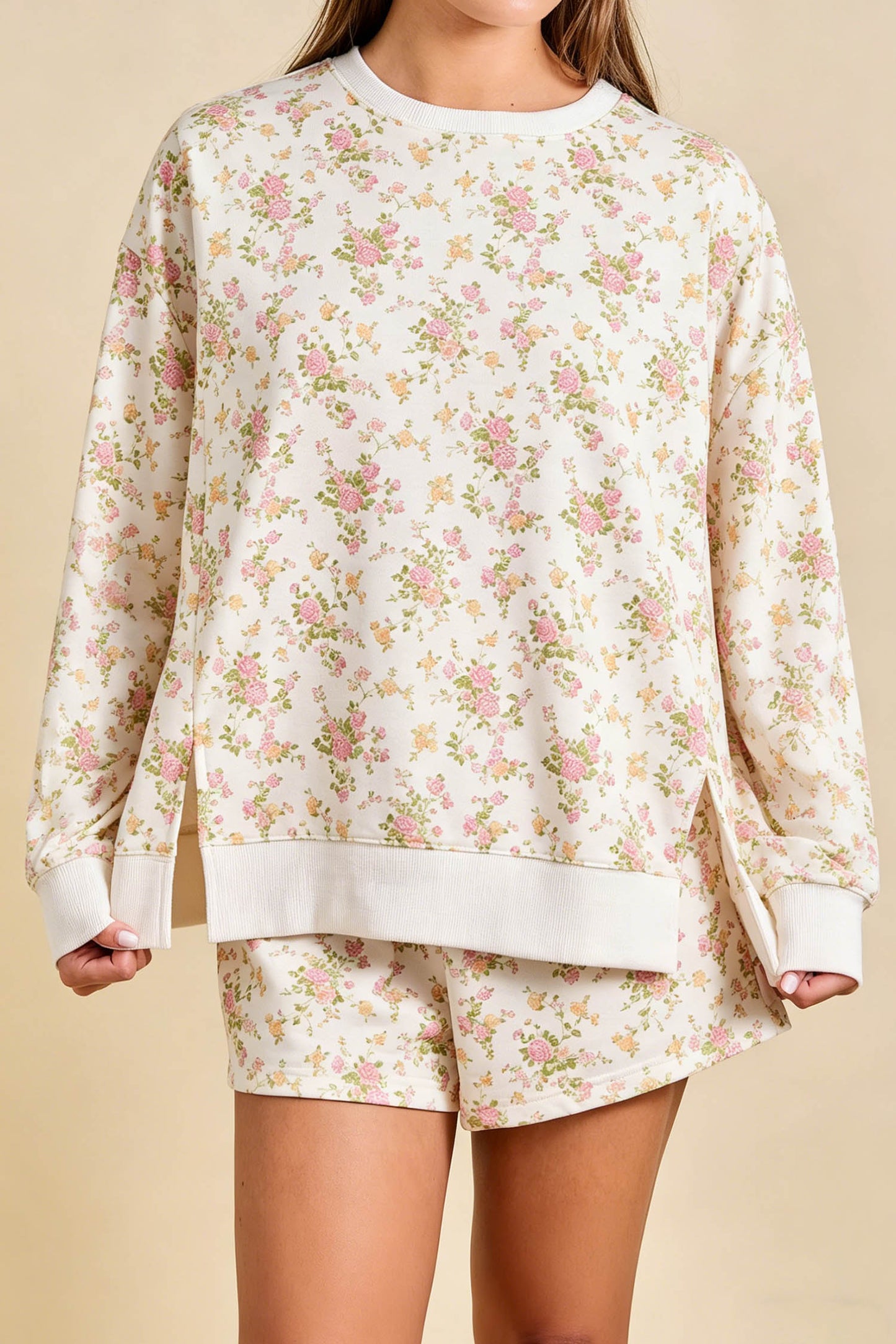 Beige Floral Print Long Sleeve Shift Two Piece Set Pocket Pants Wholesale