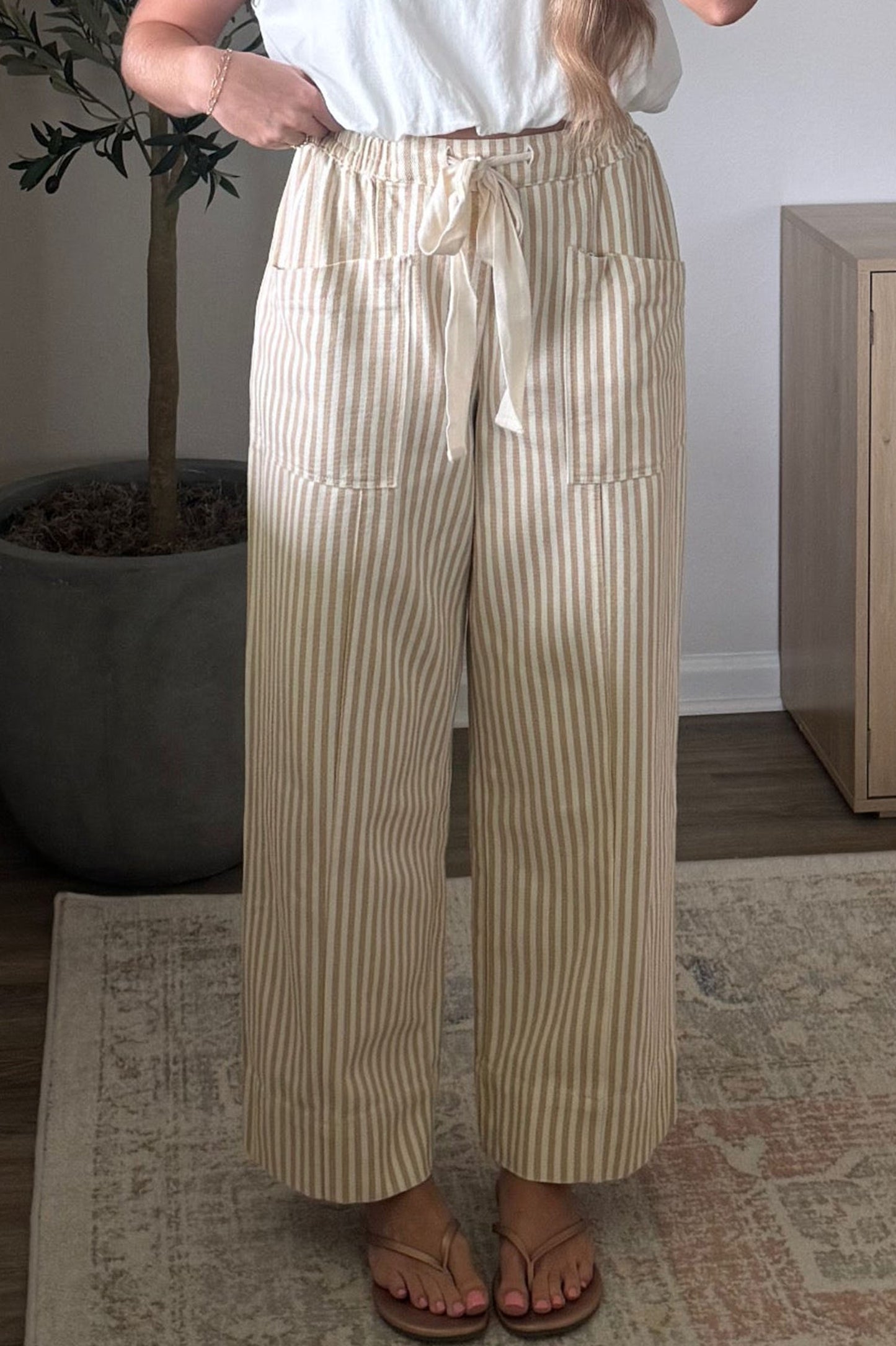 Apricot Stripe Ribbon Drawstring Waist Full-Length Shift Pant