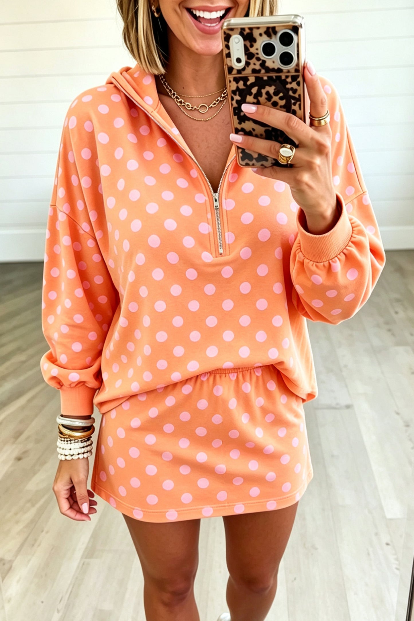 Orange Polka Dot Hooded Long Sleeve Top Casual Mini Skort Set