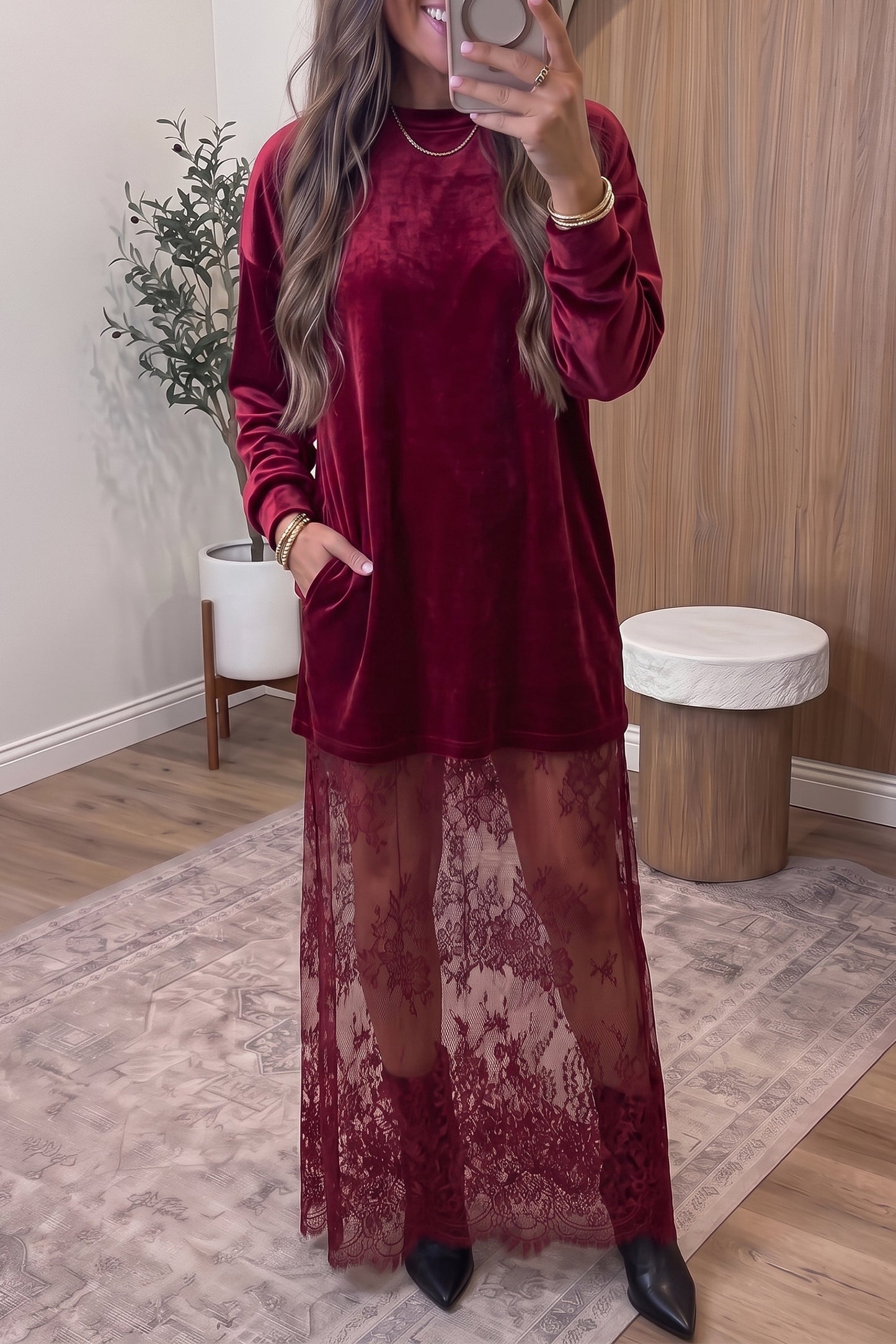 Black Velvet Long Sleeve Lace Splicing Hem Shift Maxi Dress