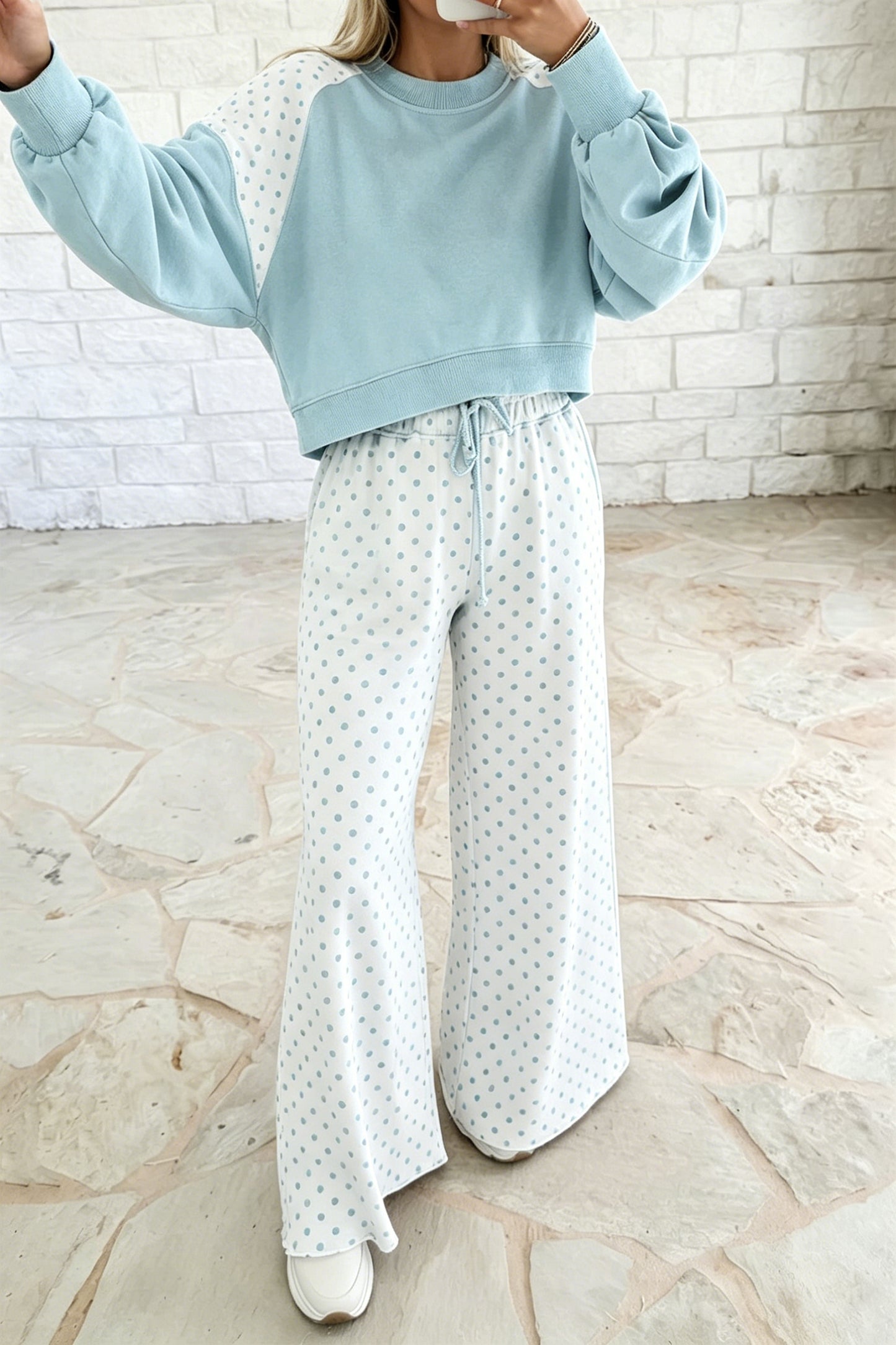 Green Polka Dot Patchwork Colorblock Long Sleeve Casual Two Piece Pants Set