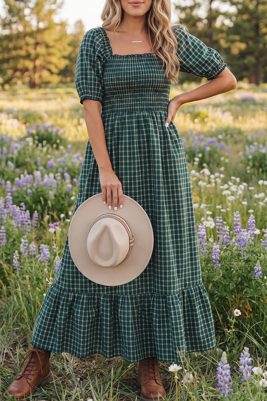 Green Square Collar Short Sleeve Plaid Dress Fit Flare Silhouette Long Daily Casual One Piece