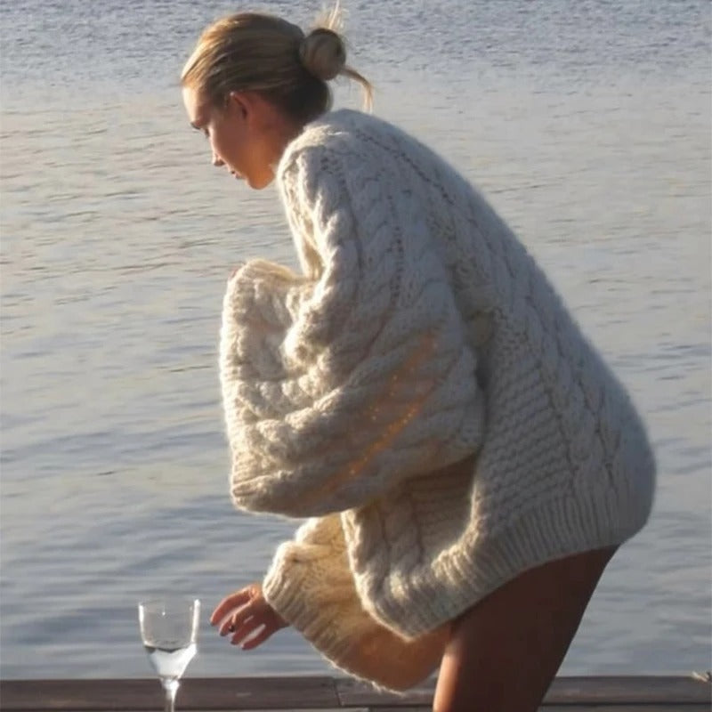 Round-neck flared sleeve cable knit sweater for women