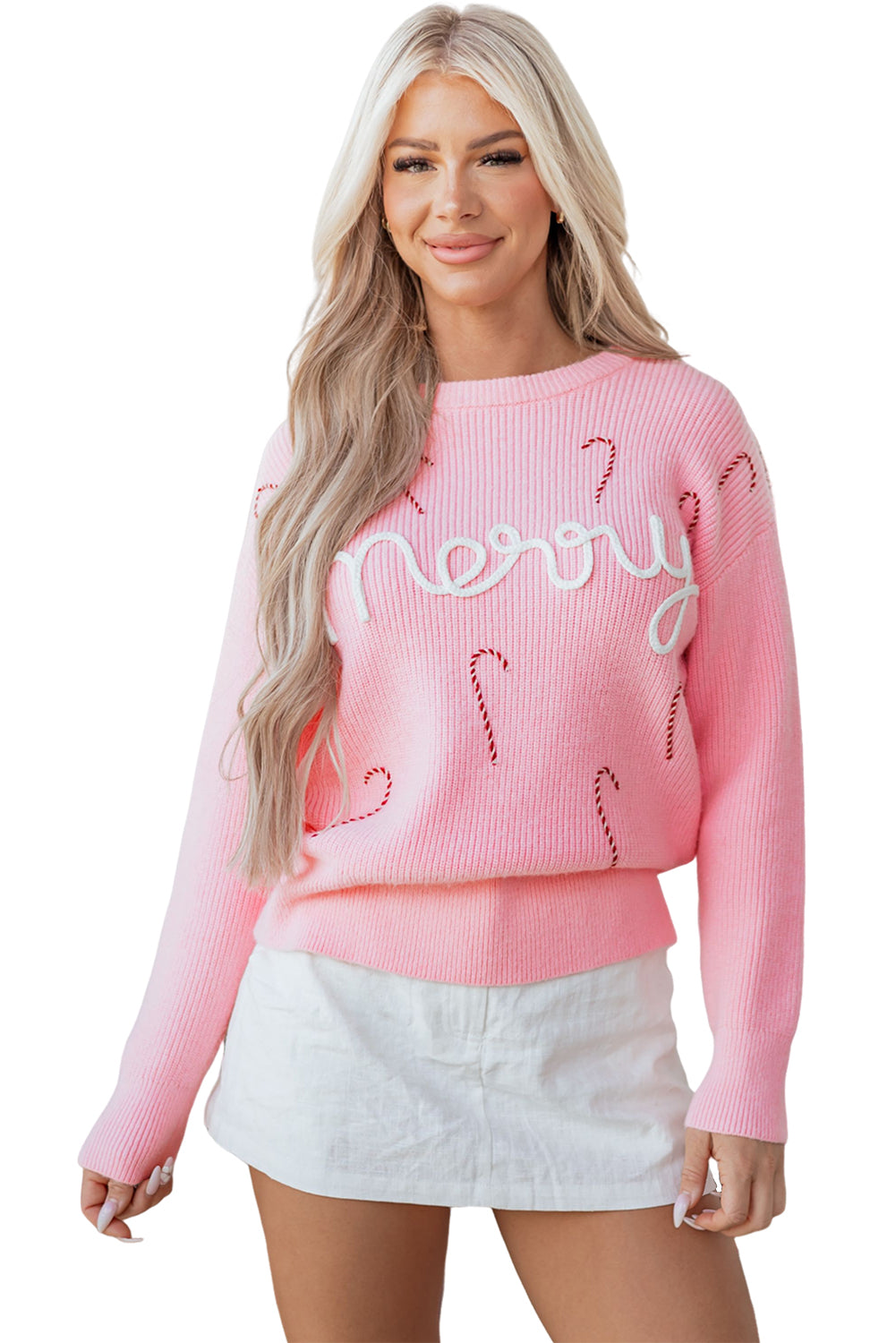 Pink Merry Candy Cane Puffy Knit Crew Neck Sweater