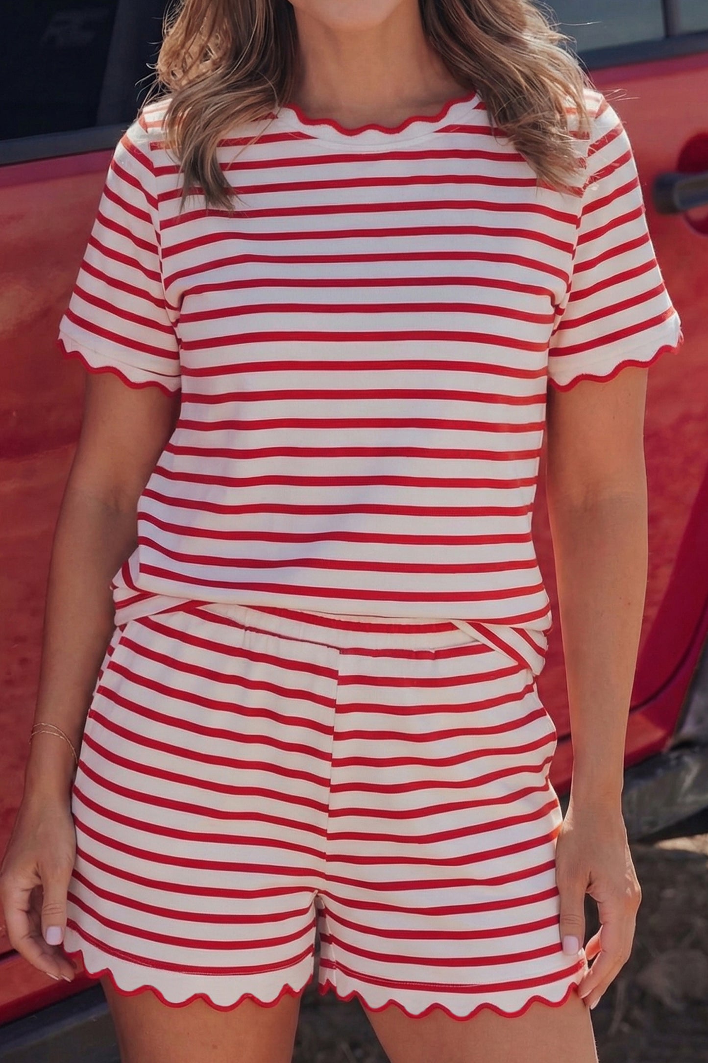 Red Stripe Scallop Hem Top Shorts Set