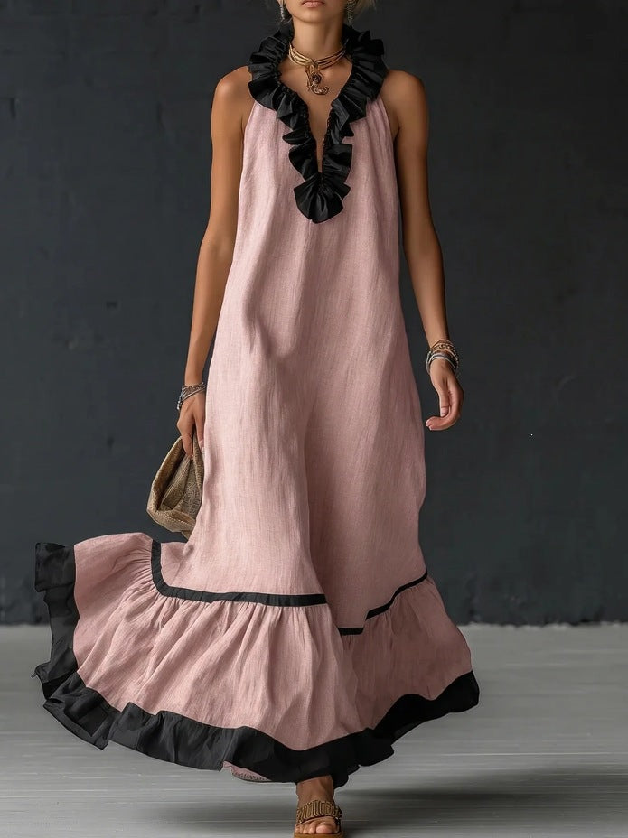 sleeveless V-neck loose ruffled long dress