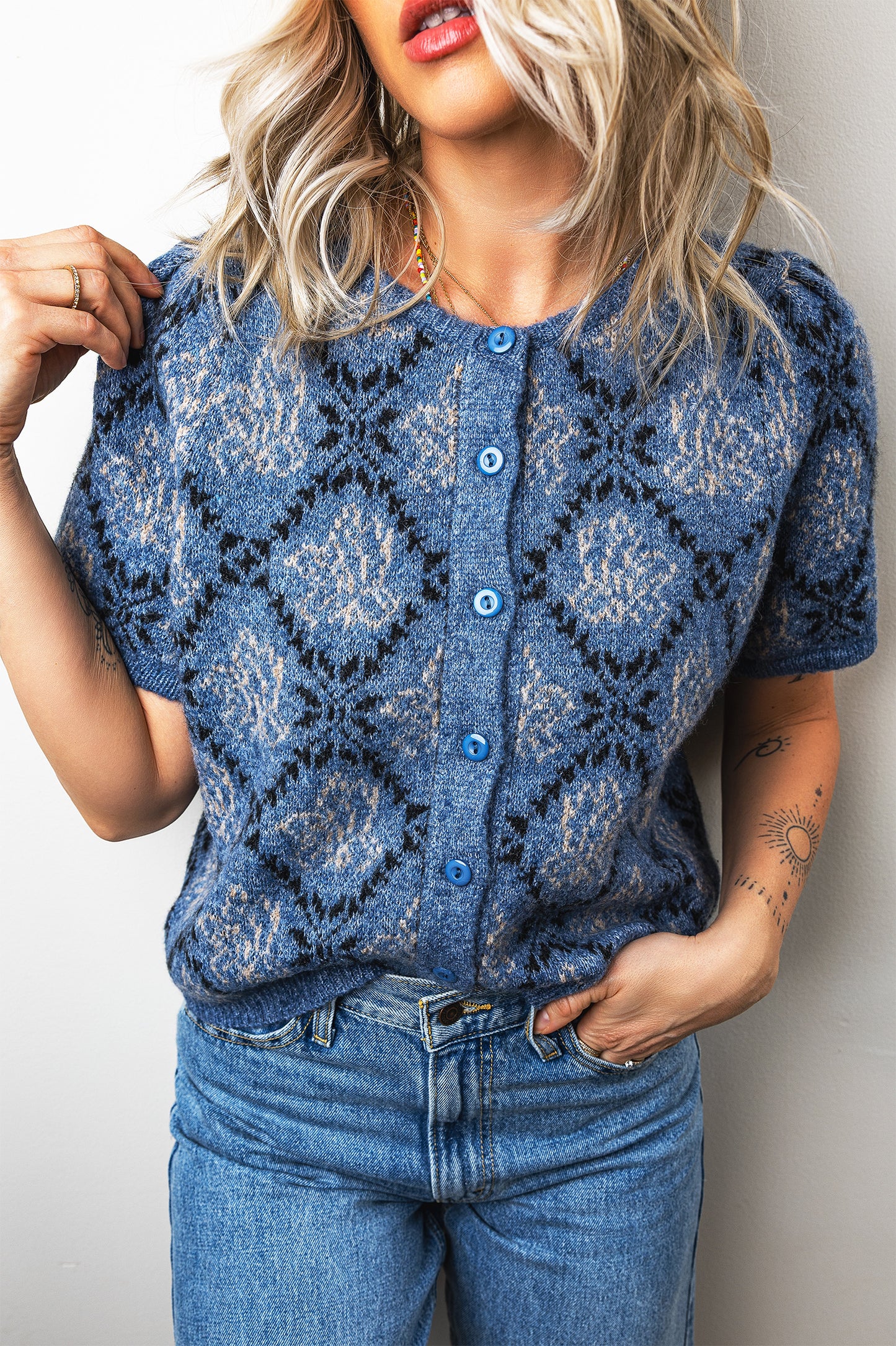 Dark Blue Ethnic Pattern Short Sleeve Button Front Knit Cardigan