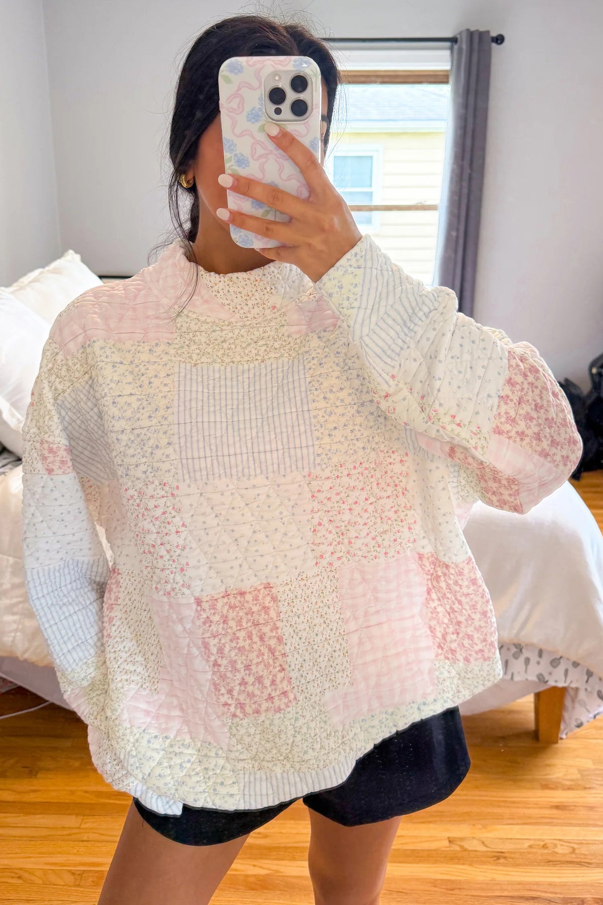 Multicolour Floral Patchwork Quilted Mock Neck Long Sleeve Top