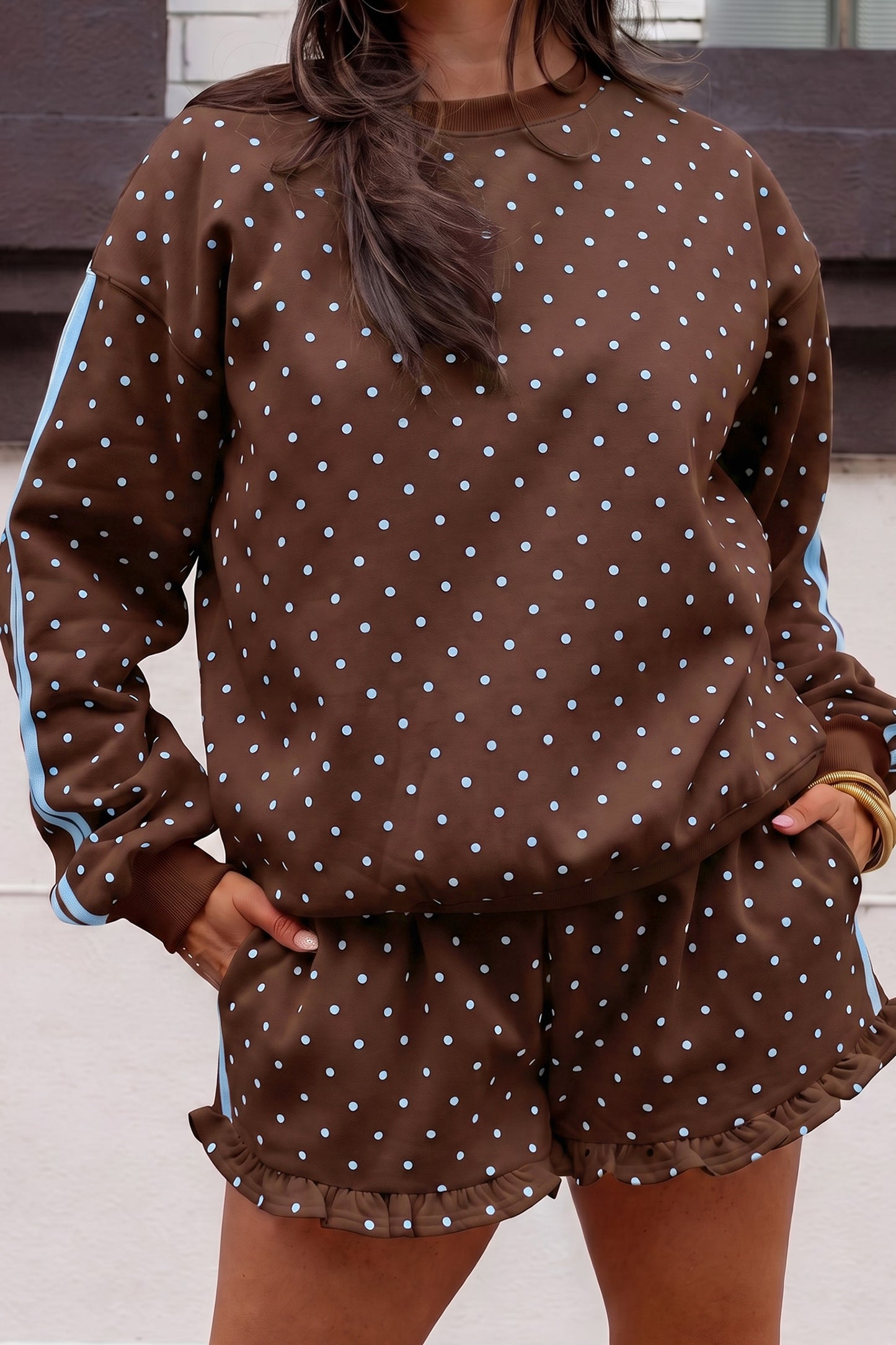 Brown Polka Dot Print Side Stripe Detail Casual Sweatshirt 2pcs Short Set