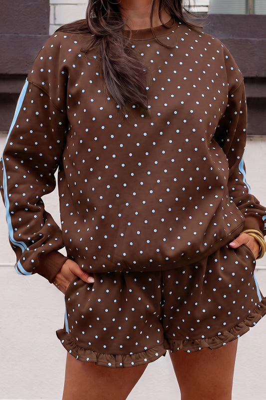 Brown Polka Dot Print Side Stripe Detail Casual Sweatshirt 2pcs Short Set