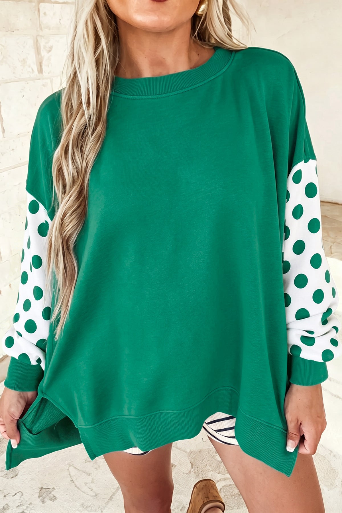 Sky Blue Polka Dot Patchwork Sleeve Crew Neck Loose Pullover Sweatshirt