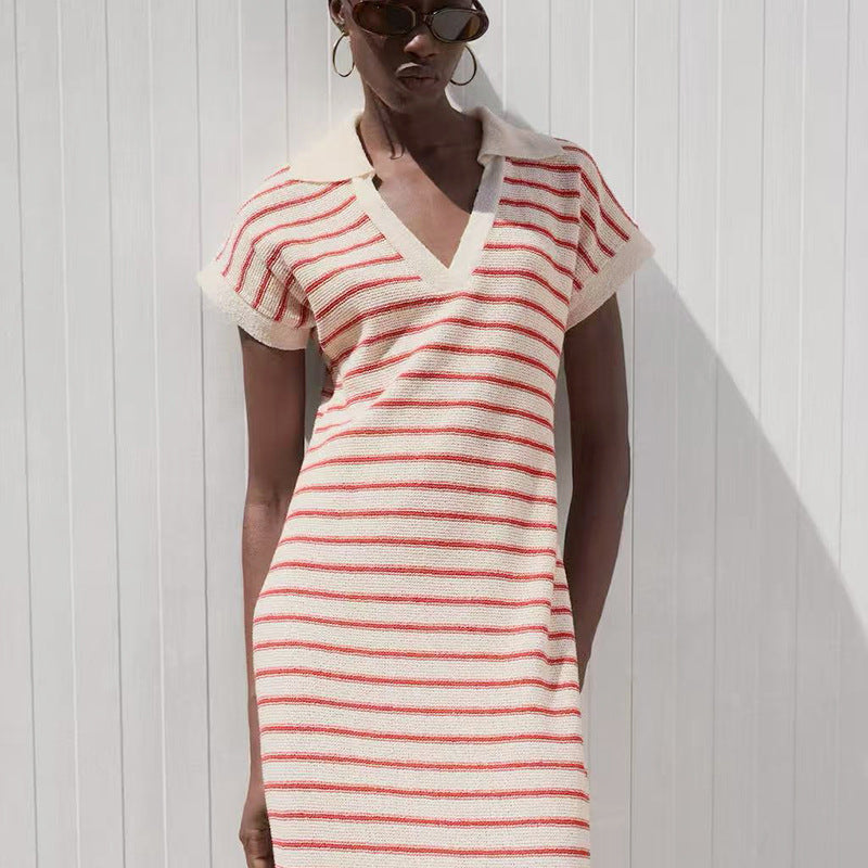 Women's knitted long dress, loose lapel, short-sleeved, V-neck striped dress