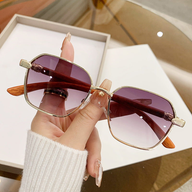 wood-grain side polygonal sunglasses