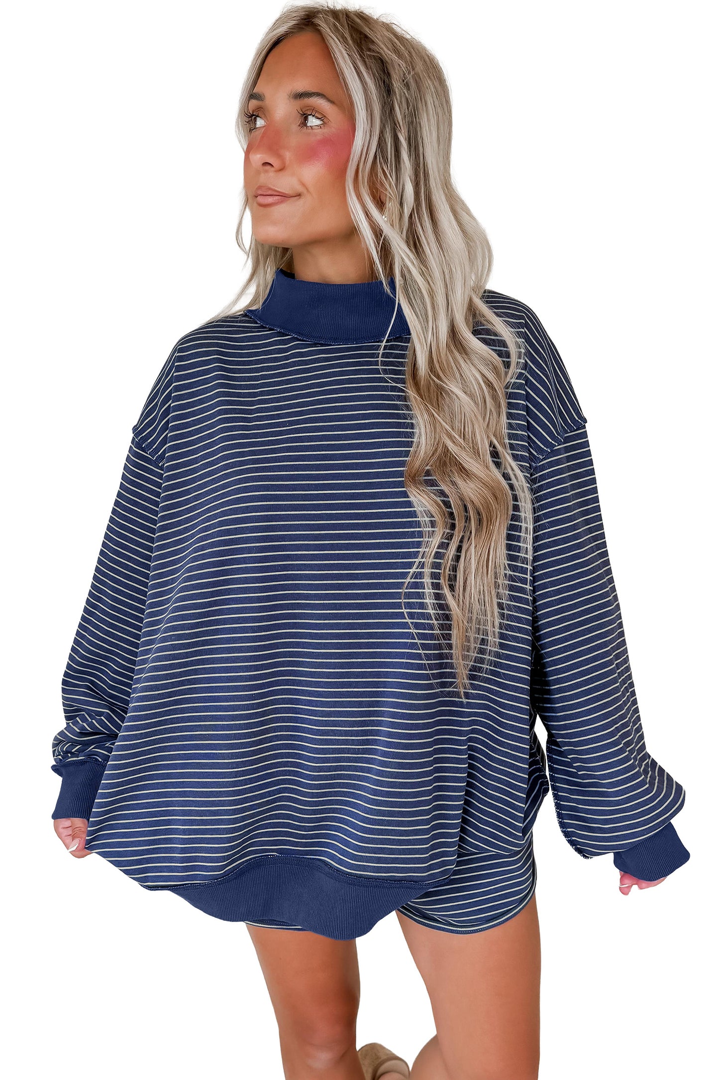 Blue Stripe Ribbed Patchwork Mock Neck Baggy Pullover Matching Shorts Set