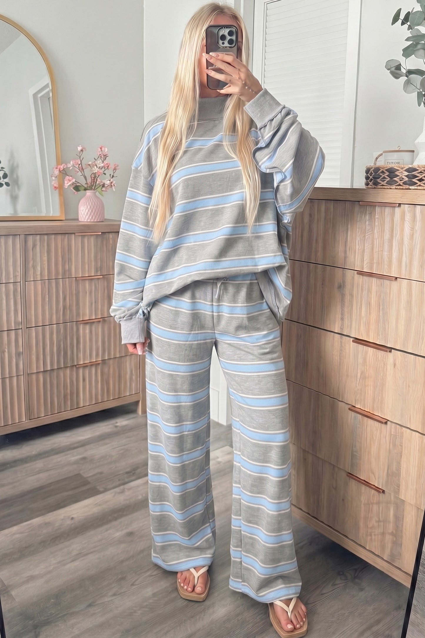 Sky Blue Stripe Mock Neck Long Sleeve Pullover Top and Loose Pants Set