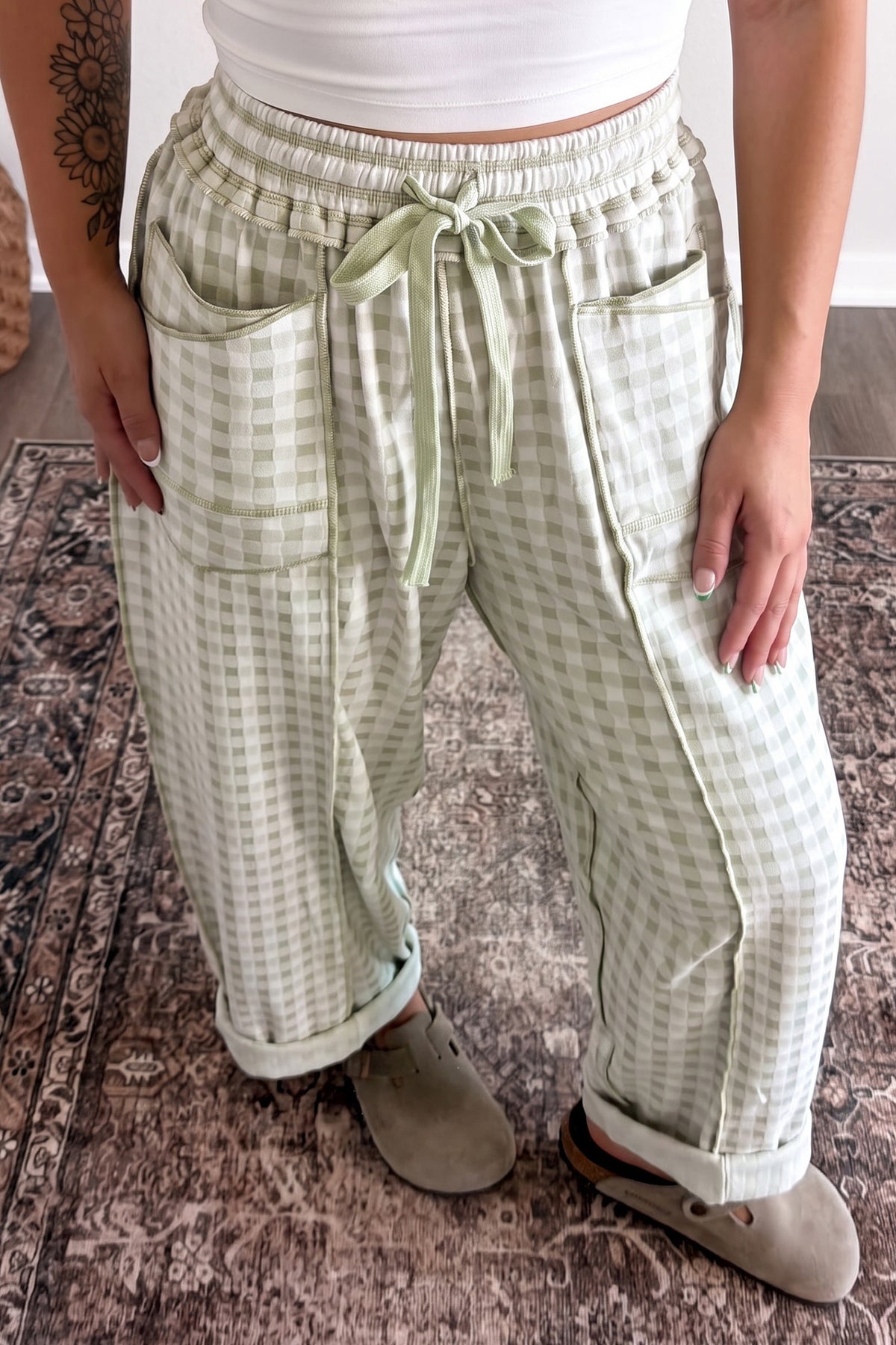 Red Plaid Contrast Trim Drawstring Elastic Waist Shift Pants